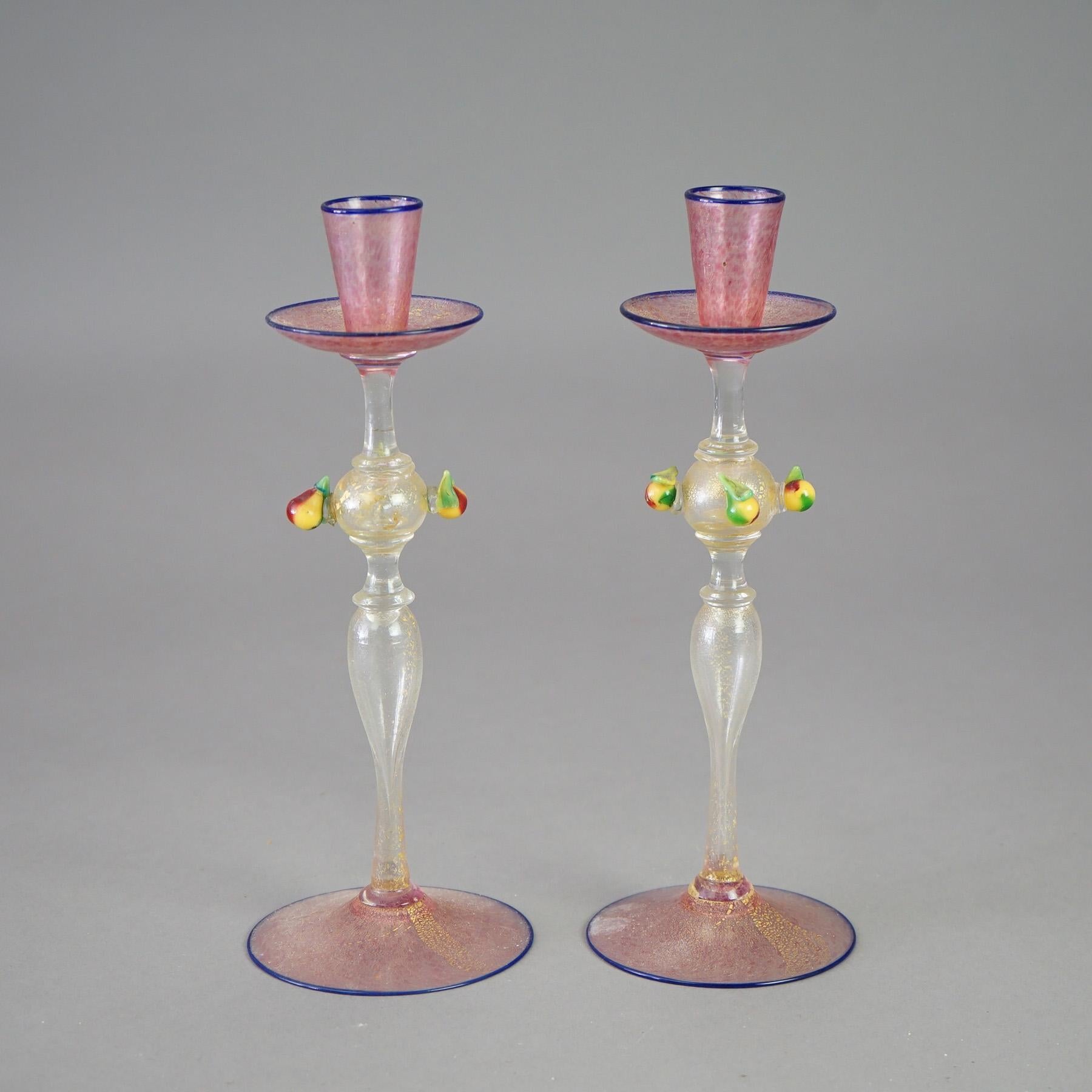 Italian Antique Pair of Venetian Murano Art Glass Candlesticks with Pears Circa 1920 For Sale
