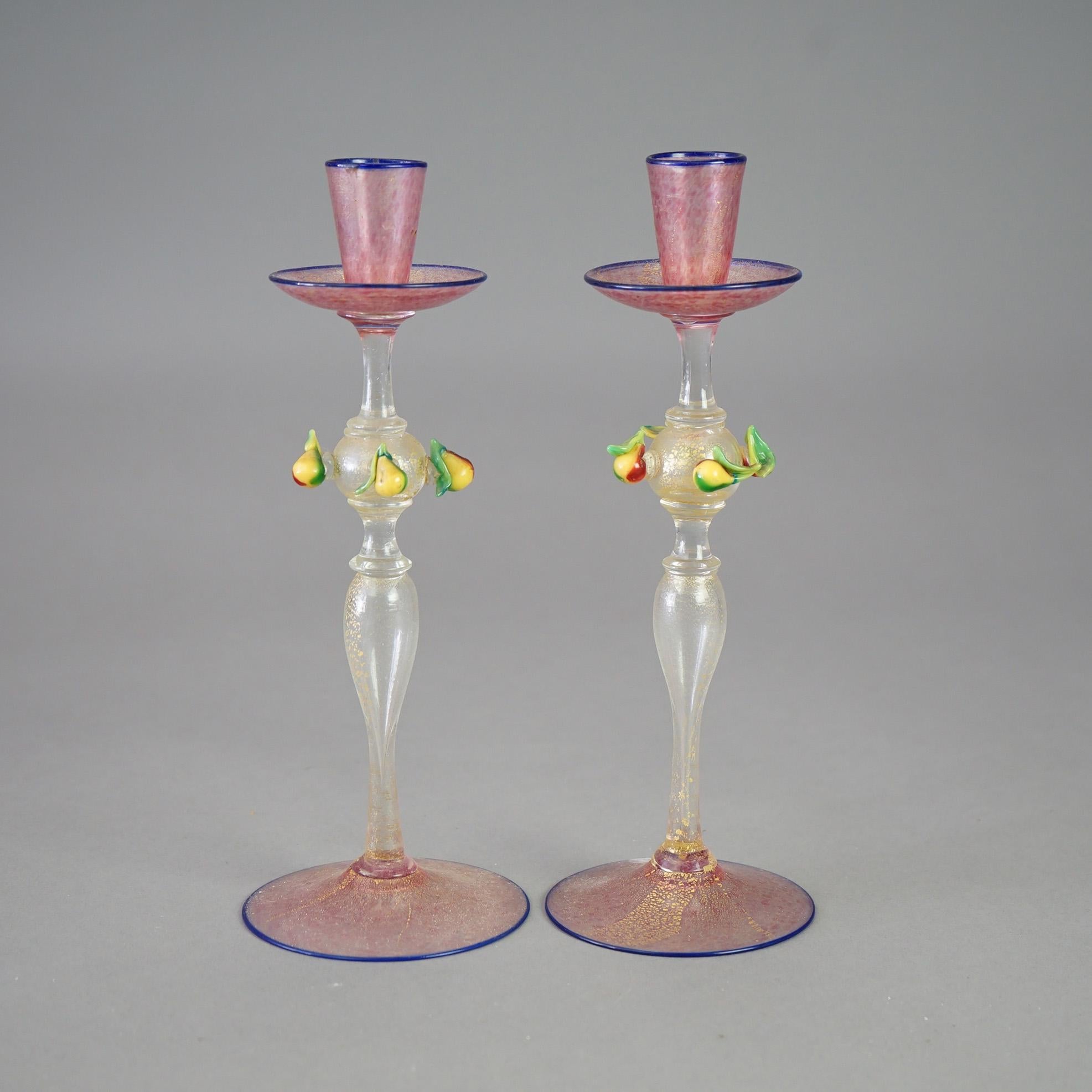 Hand-Crafted Antique Pair of Venetian Murano Art Glass Candlesticks with Pears Circa 1920 For Sale