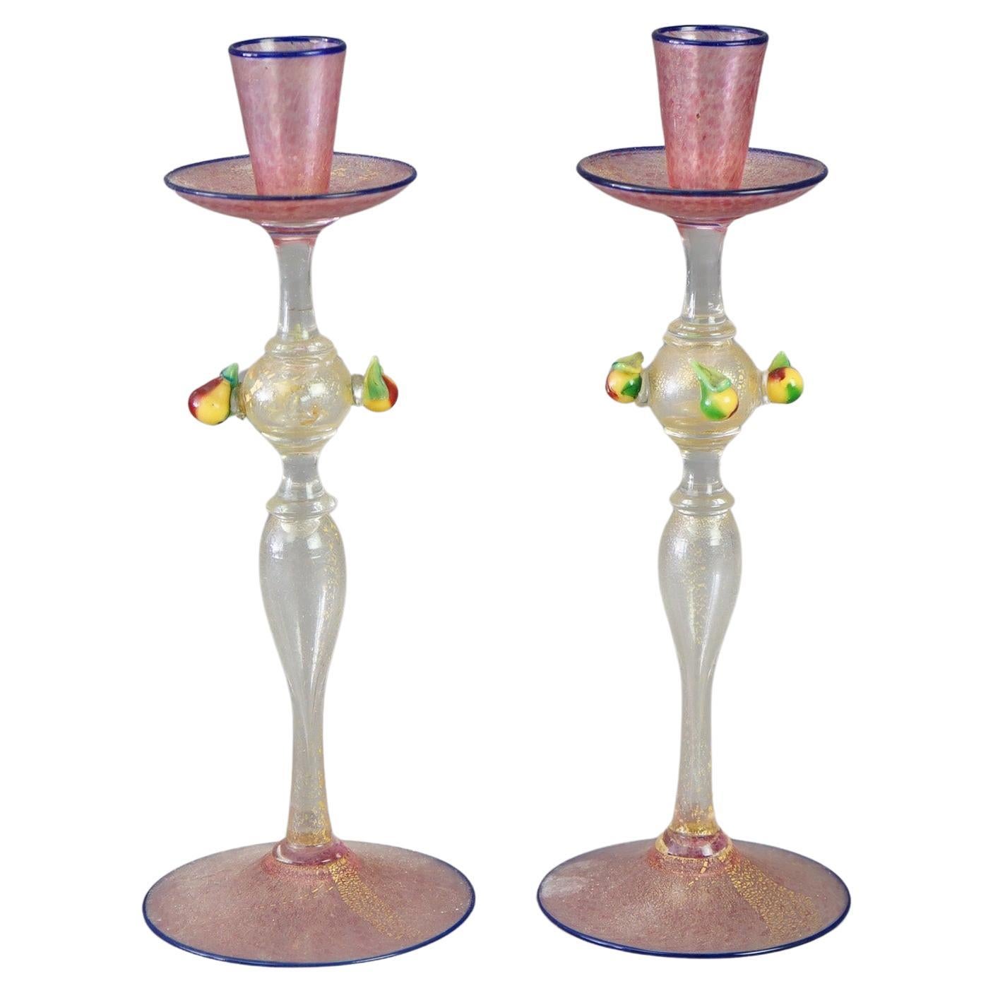 Antique Pair of Venetian Murano Art Glass Candlesticks with Pears Circa 1920