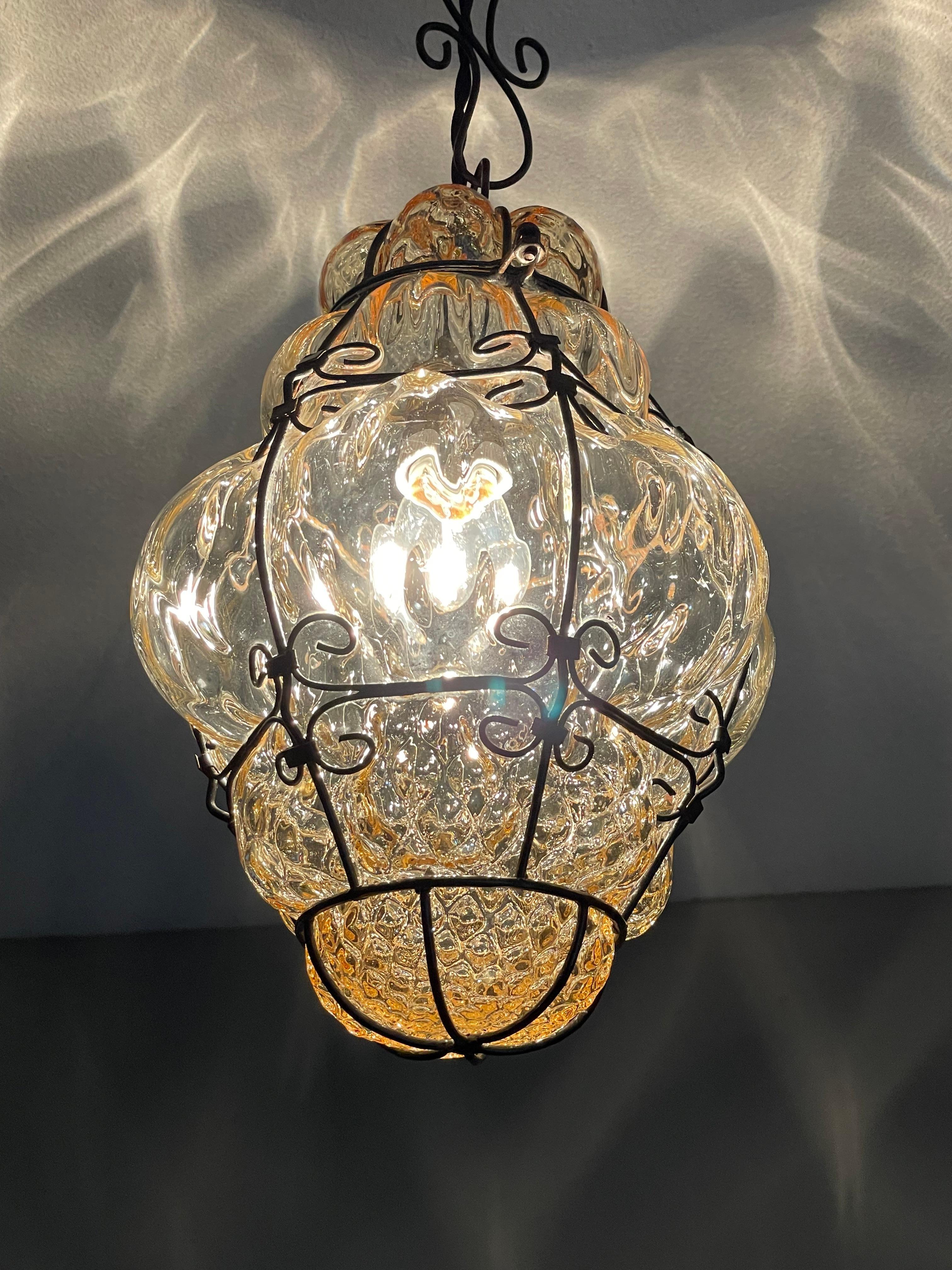 Antique Pair of Venetian Murano Pendant Lights Mouthblown Glass into Iron Frames 5