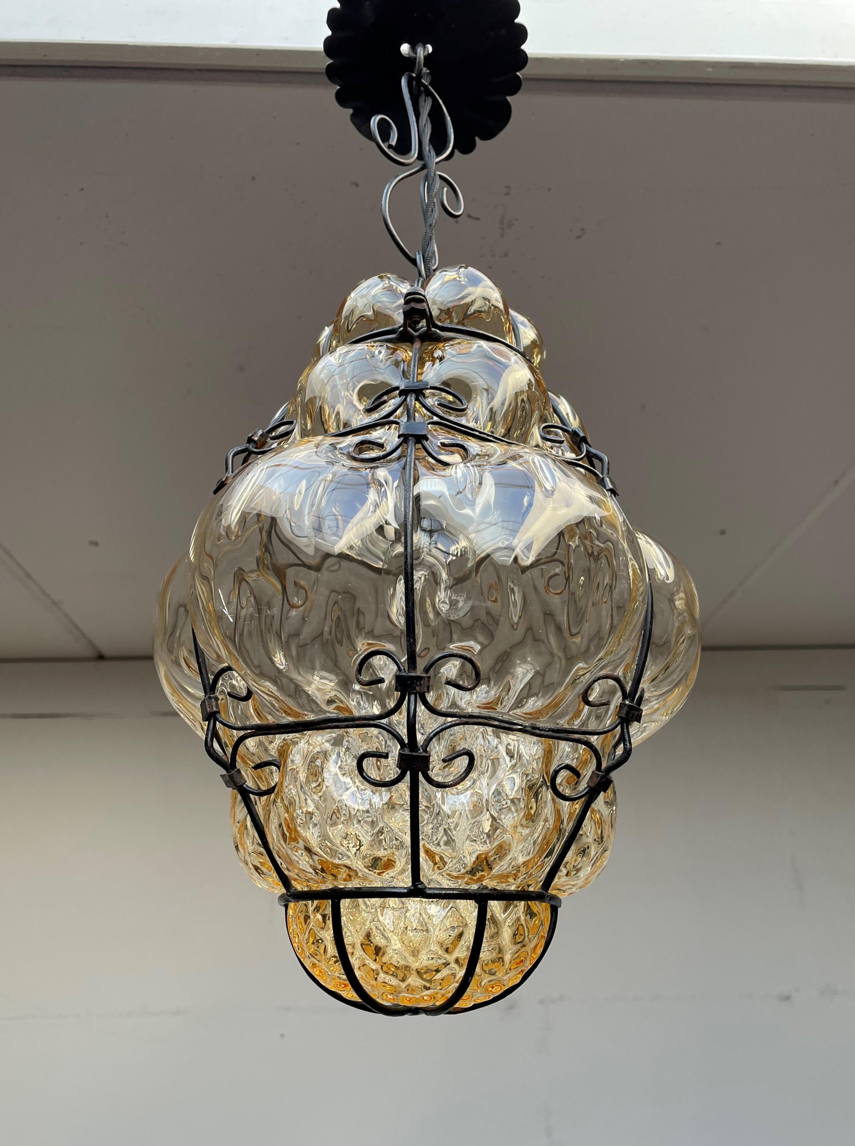 Antique Pair of Venetian Murano Pendant Lights Mouthblown Glass into Iron Frames 6