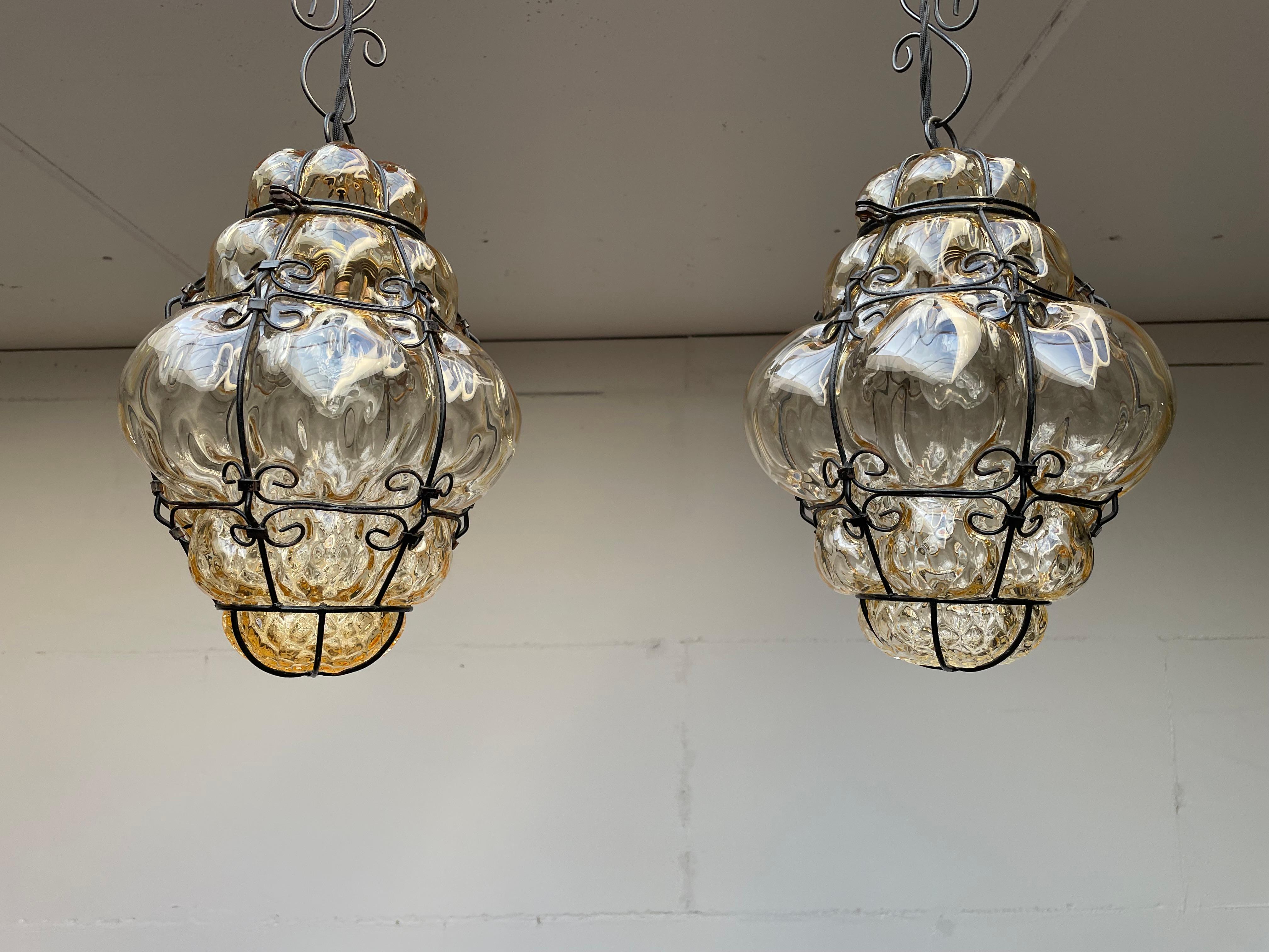 Antique Pair of Venetian Murano Pendant Lights Mouthblown Glass into Iron Frames 7