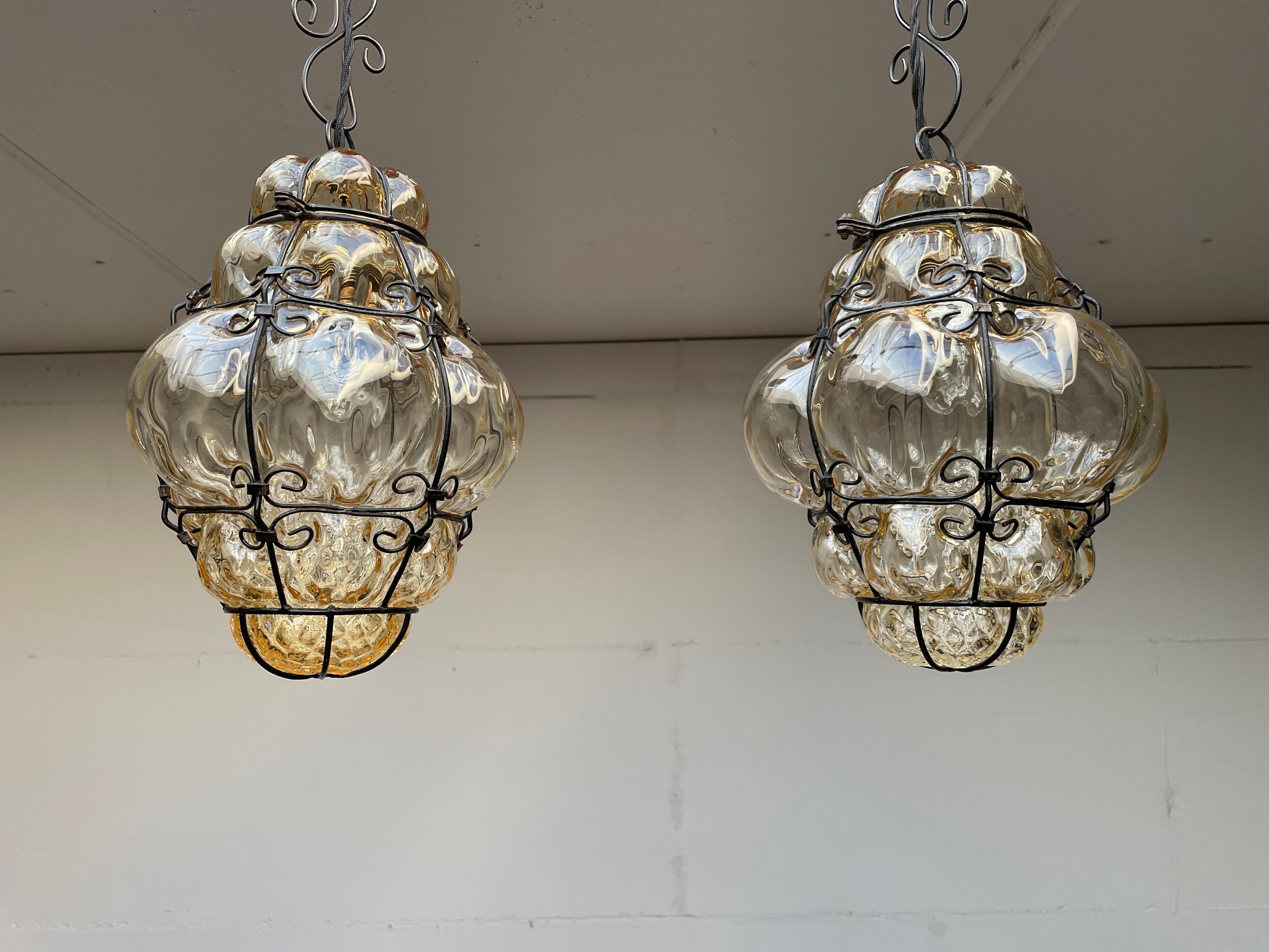 Antique Pair of Venetian Murano Pendant Lights Mouthblown Glass into Iron Frames 10