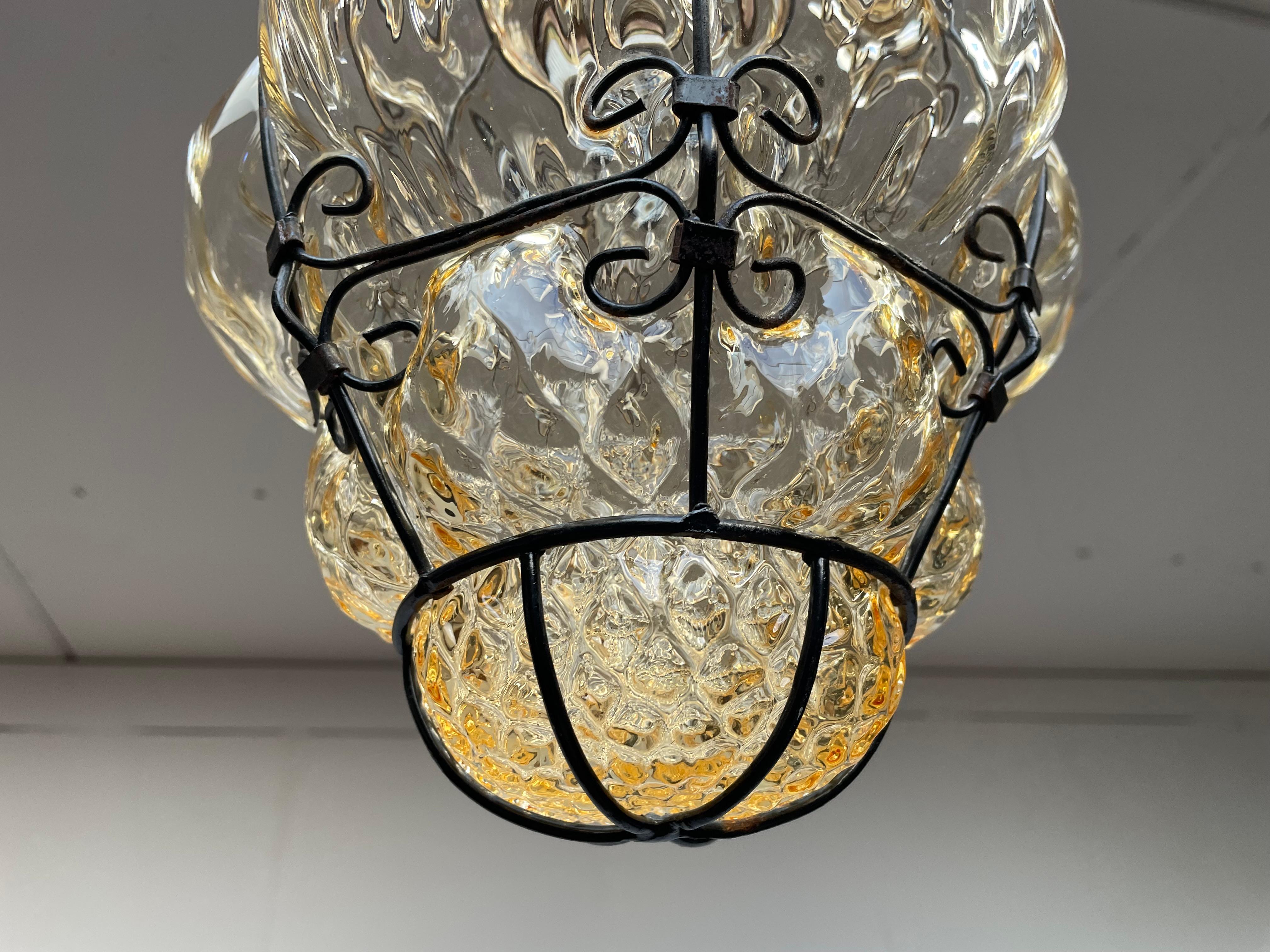Antique Pair of Venetian Murano Pendant Lights Mouthblown Glass into Iron Frames 11