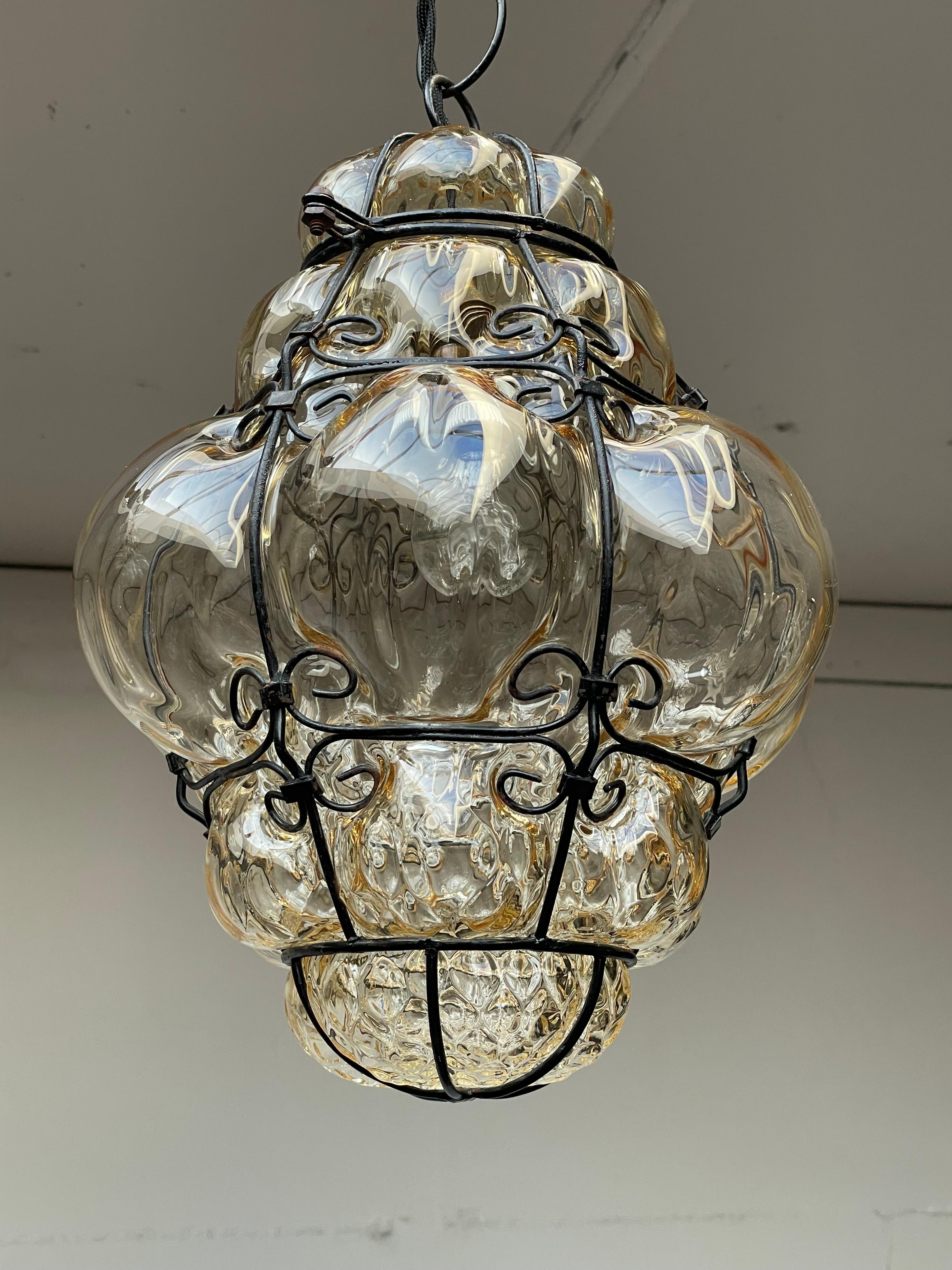 Arts and Crafts Antique Pair of Venetian Murano Pendant Lights Mouthblown Glass into Iron Frames