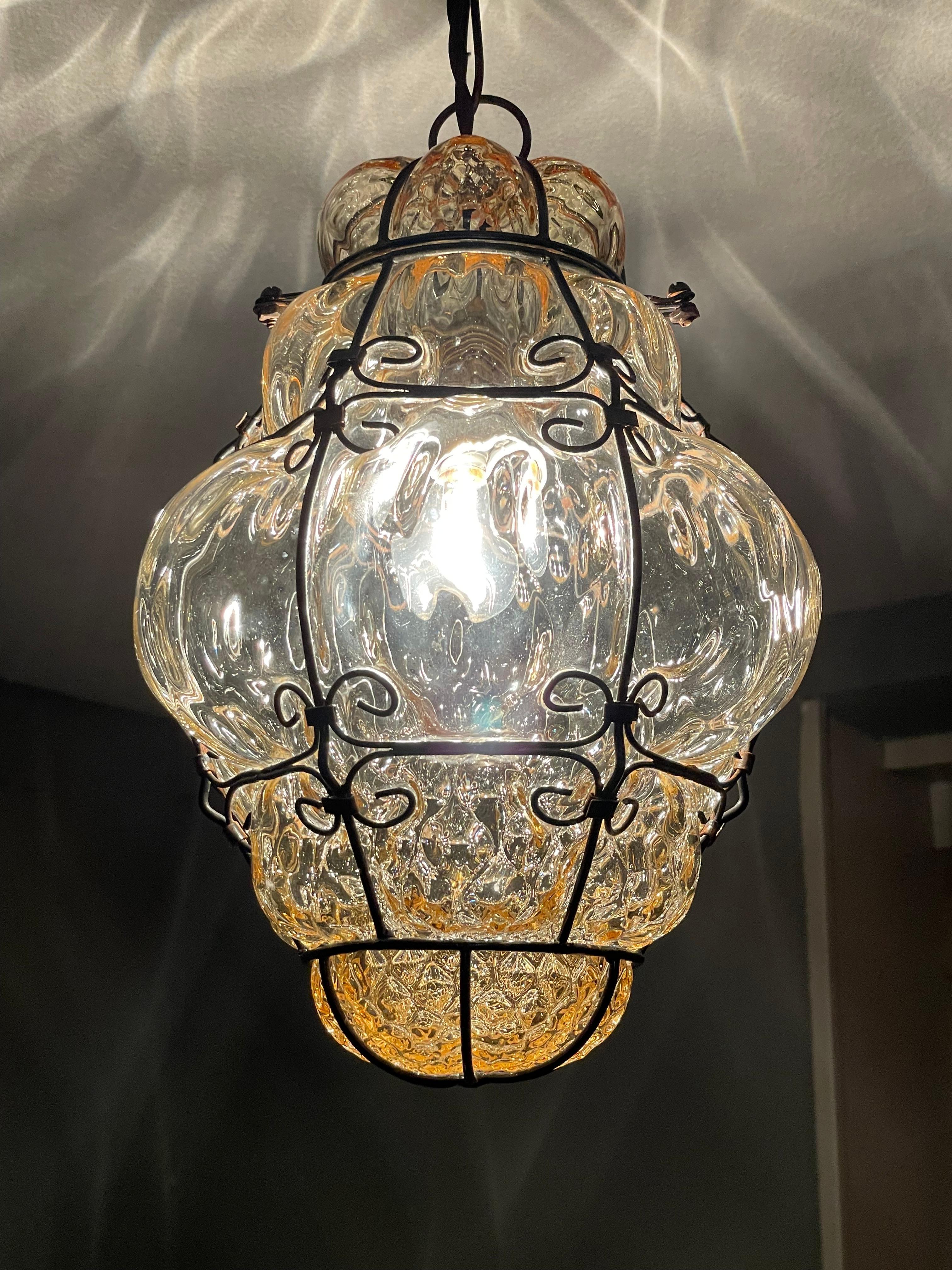 Italian Antique Pair of Venetian Murano Pendant Lights Mouthblown Glass into Iron Frames