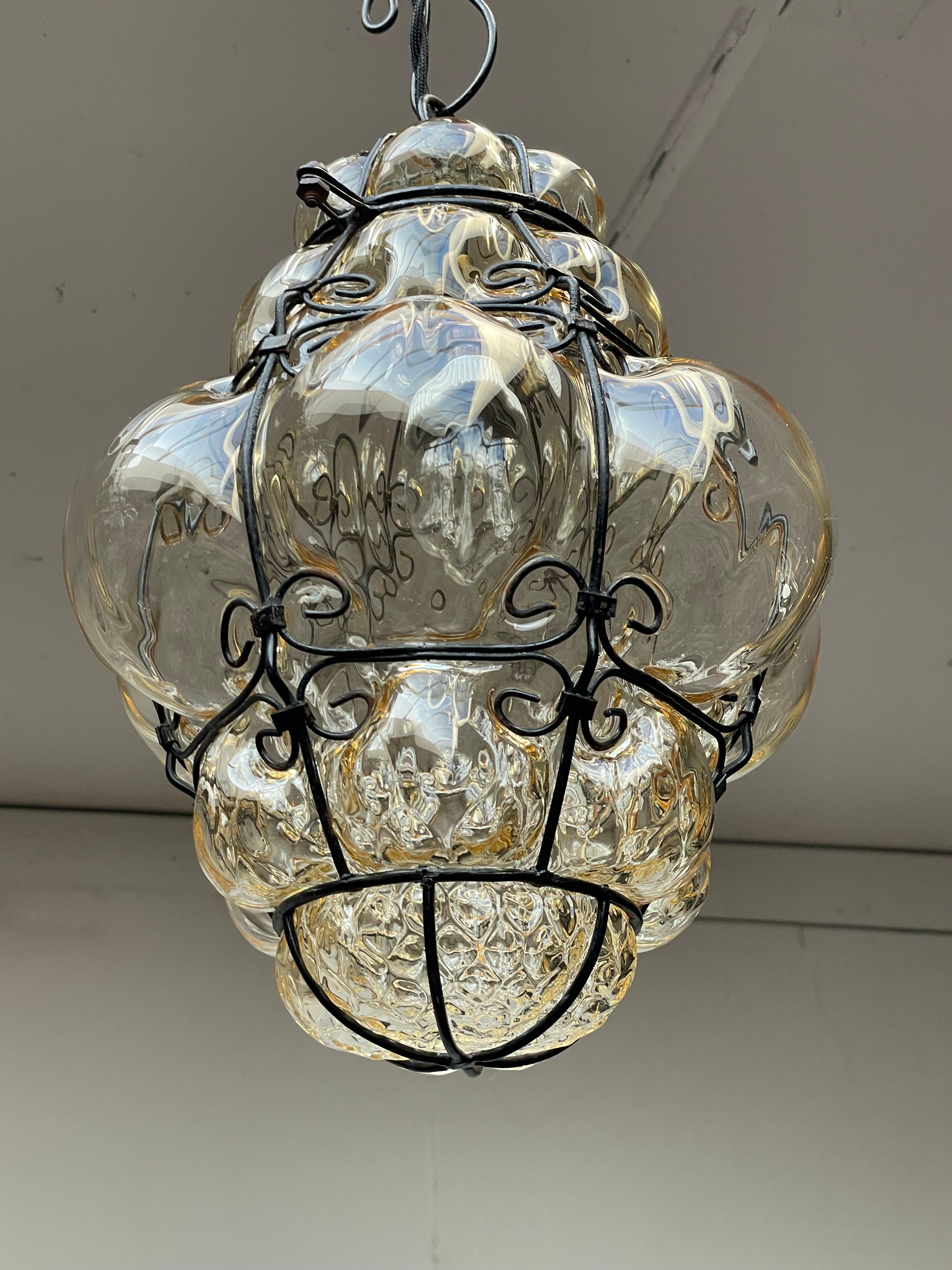 Antique Pair of Venetian Murano Pendant Lights Mouthblown Glass into Iron Frames In Excellent Condition In Lisse, NL