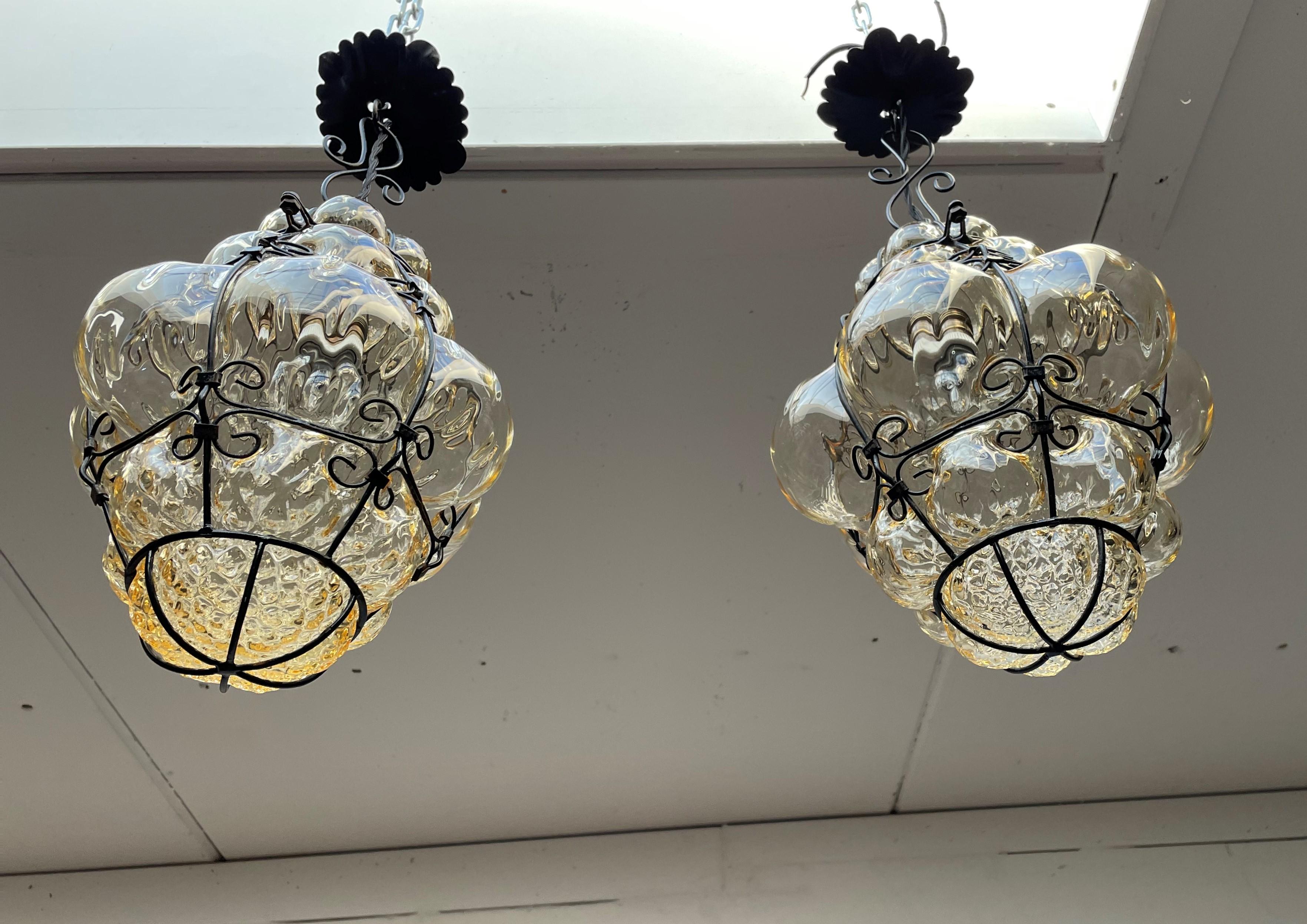 Metal Antique Pair of Venetian Murano Pendant Lights Mouthblown Glass into Iron Frames
