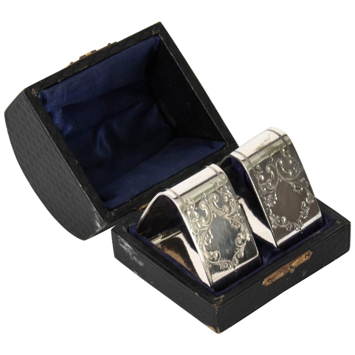Antique Pair of Victorian Cased Silver Plated Napkin Rings, 19th Century