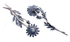 Antique Pair of Victorian Flower Brooches Silver