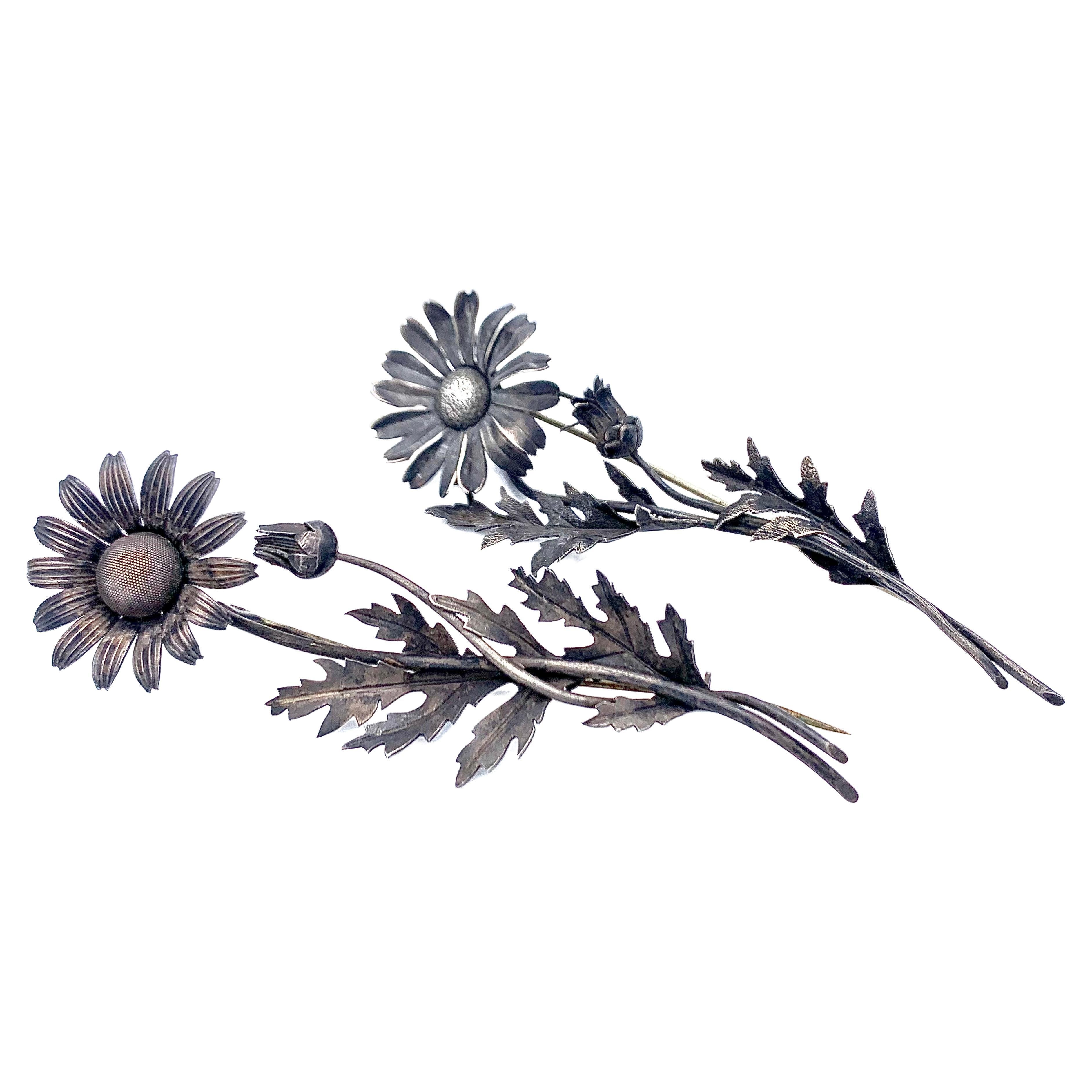 Antique Pair of Victorian Flower Brooches Silver For Sale