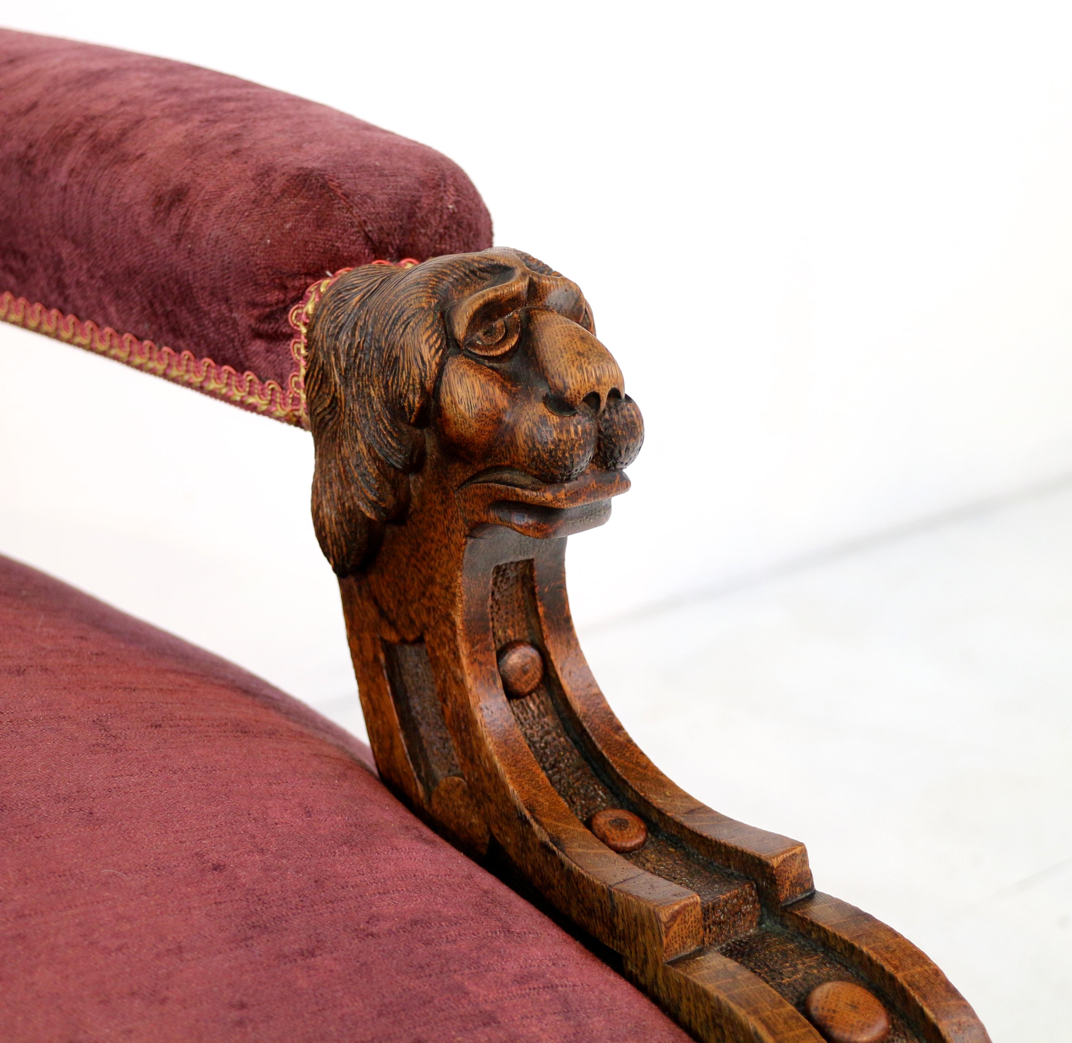 Antique Pair of Victorian Lion & Shamrock Carved His & Hers Oak Library Chairs For Sale 5