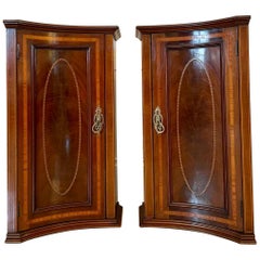 Antique Pair of Victorian Mahogany Inlaid Shaped Bedside Cabinets or Nightstands