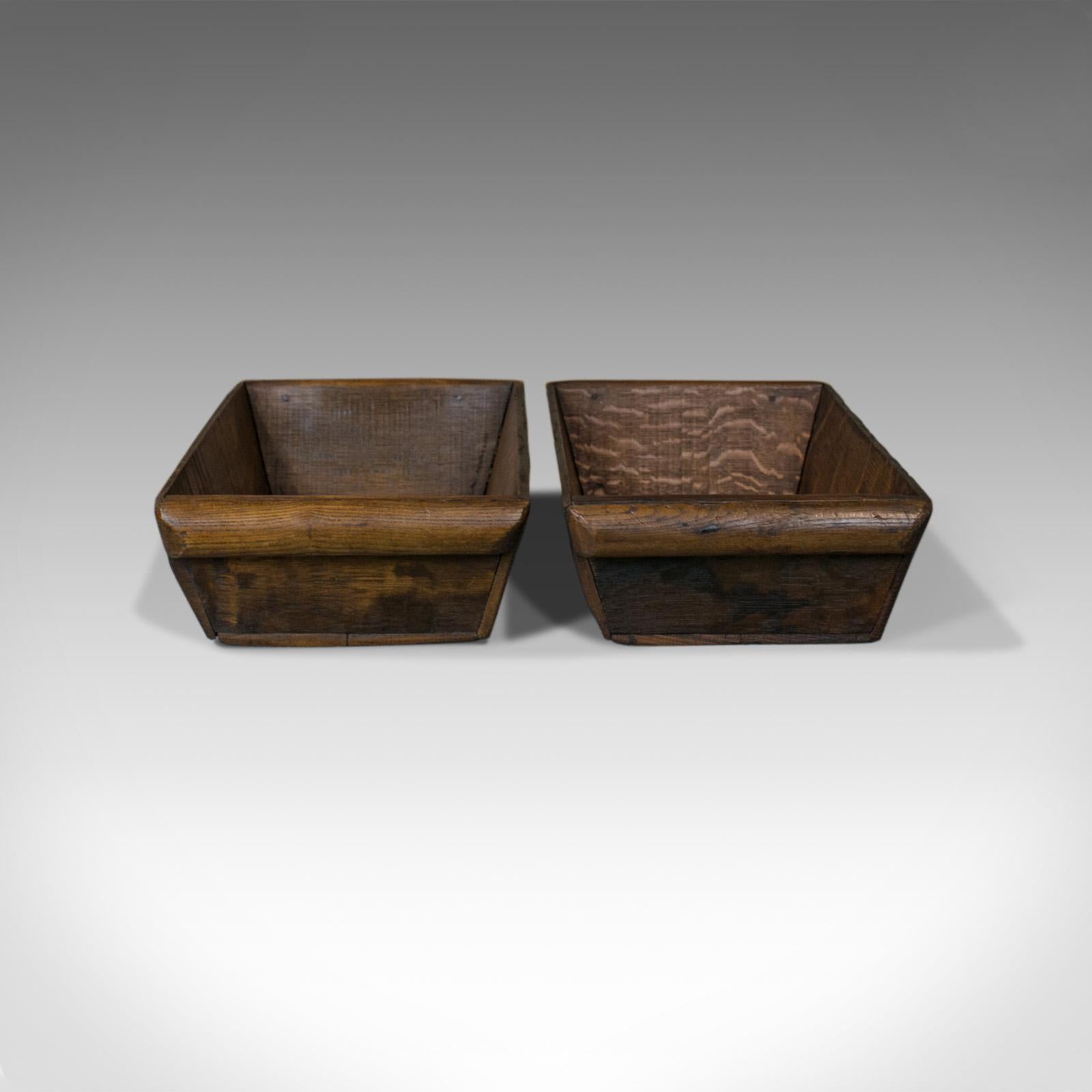 This is an antique pair of Victorian merchant's trays. Two English oak boat trays dating to the late 19th century, circa 1900.

Each tray displays grain interest and a desirable aged patina
Attractive wisps of medullary rays visible through the
