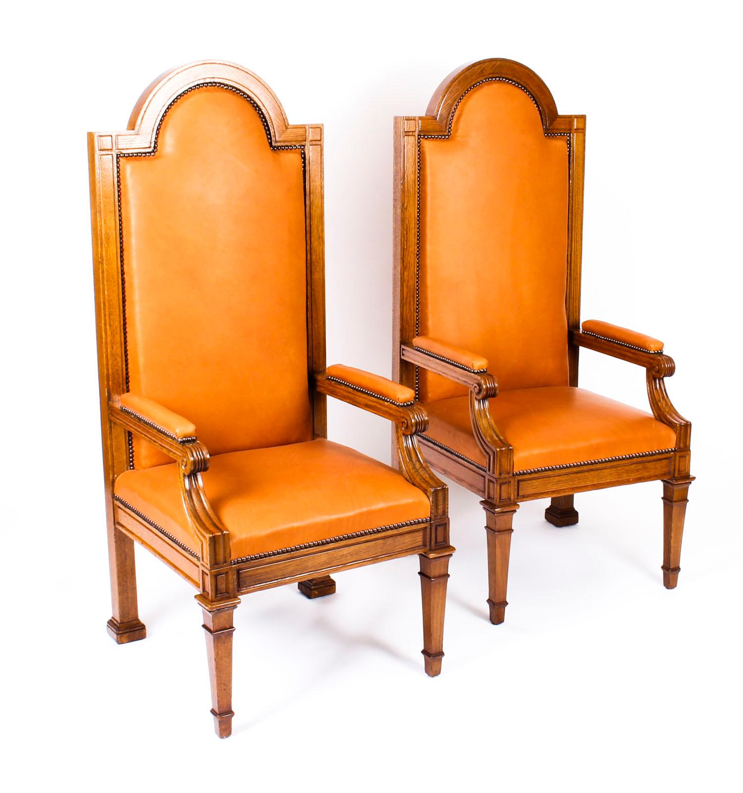 Antique Pair of Victorian Oak and Leather High Back Throne Chairs, 19th Century 10