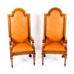 Antique Pair of Victorian Oak and Leather High Back Throne Chairs, 19th Century
