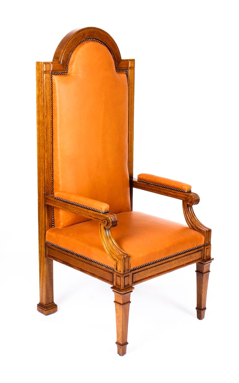 Antique Pair of Victorian Oak and Leather High Back Throne Chairs, 19th