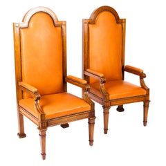 Antique Pair of Victorian Oak and Leather High Back Throne Chairs, 19th Century