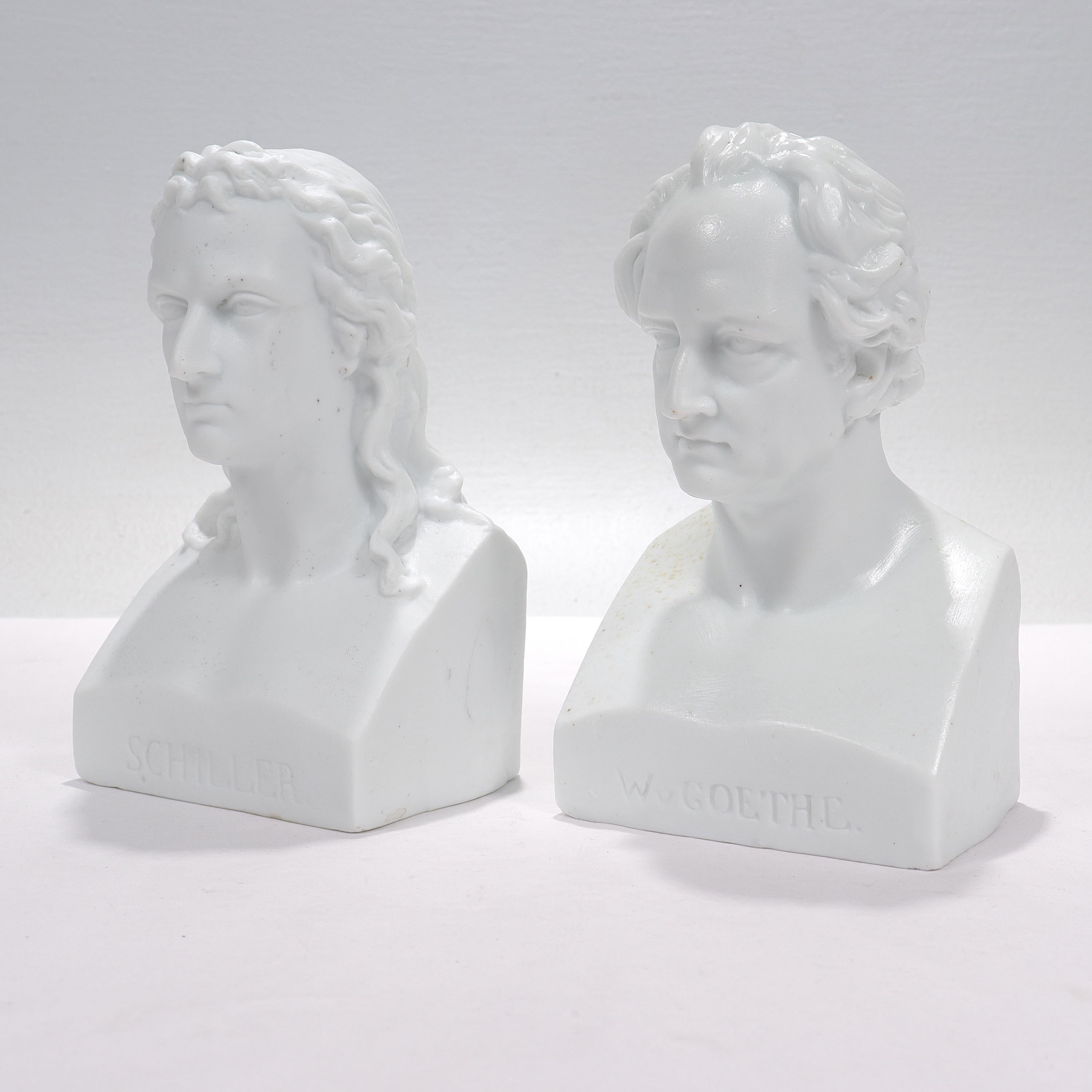 A fine pair of Cabinet sized busts.

In parian or bisque porcelain.

Depicting Friedrich Schiller and Johann Wolfgang Goethe, two of the most revered figures in German literature.

The Schiller bust is modeled after the Johann Heinrich Dannecker's