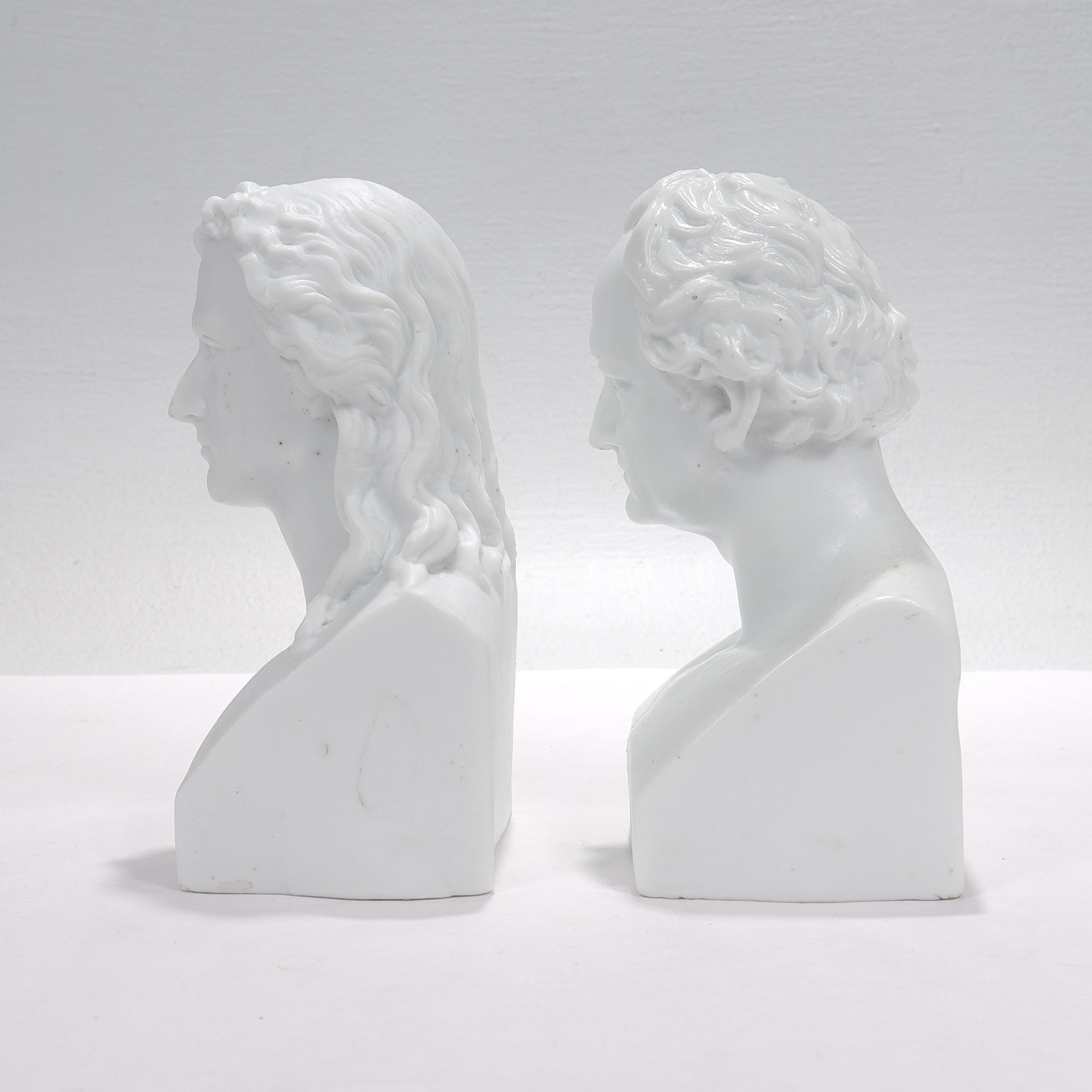 Antique Pair of Victorian Parian or Bisque Porcelain Busts of Schiller & Goethe  In Fair Condition For Sale In Philadelphia, PA