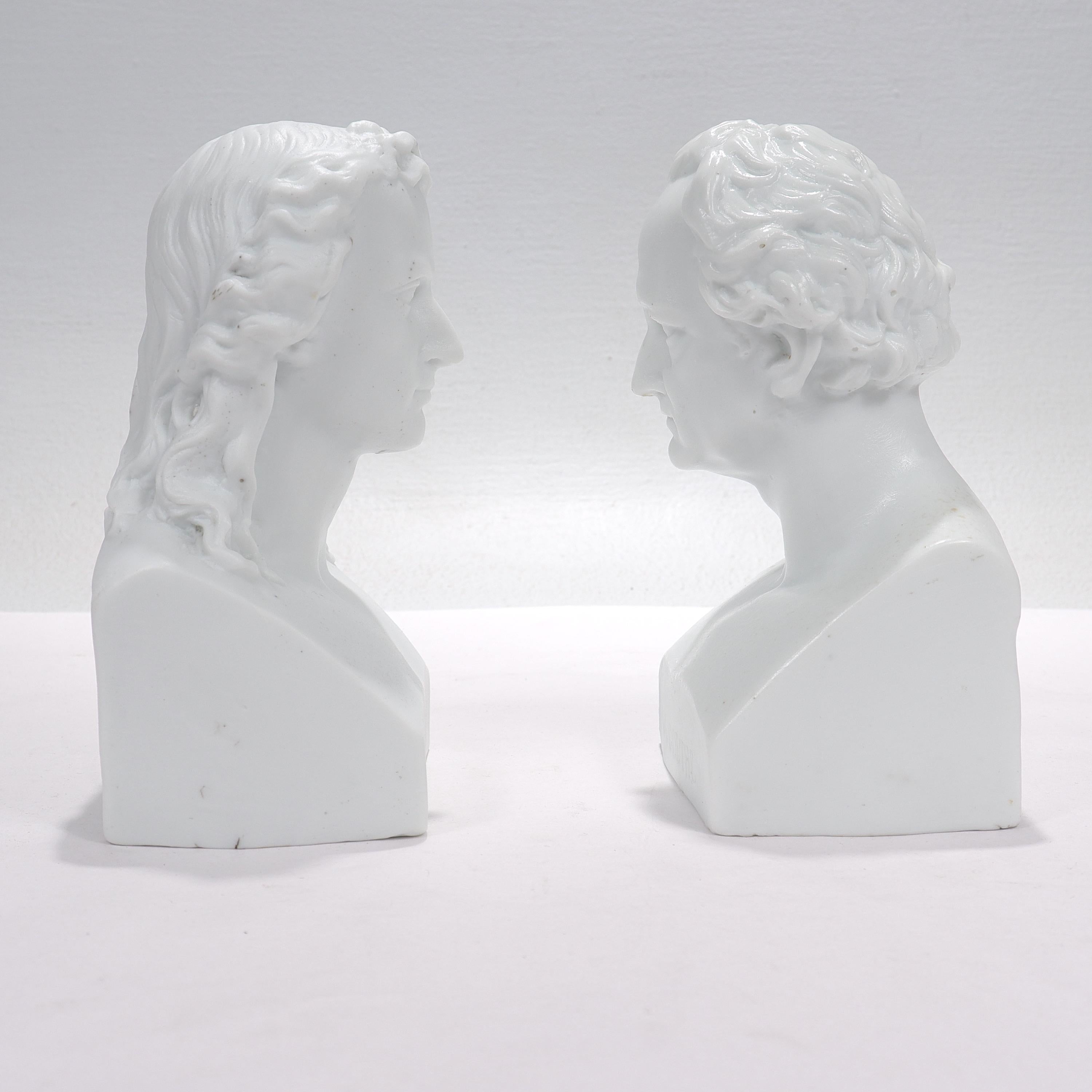 19th Century Antique Pair of Victorian Parian or Bisque Porcelain Busts of Schiller & Goethe  For Sale