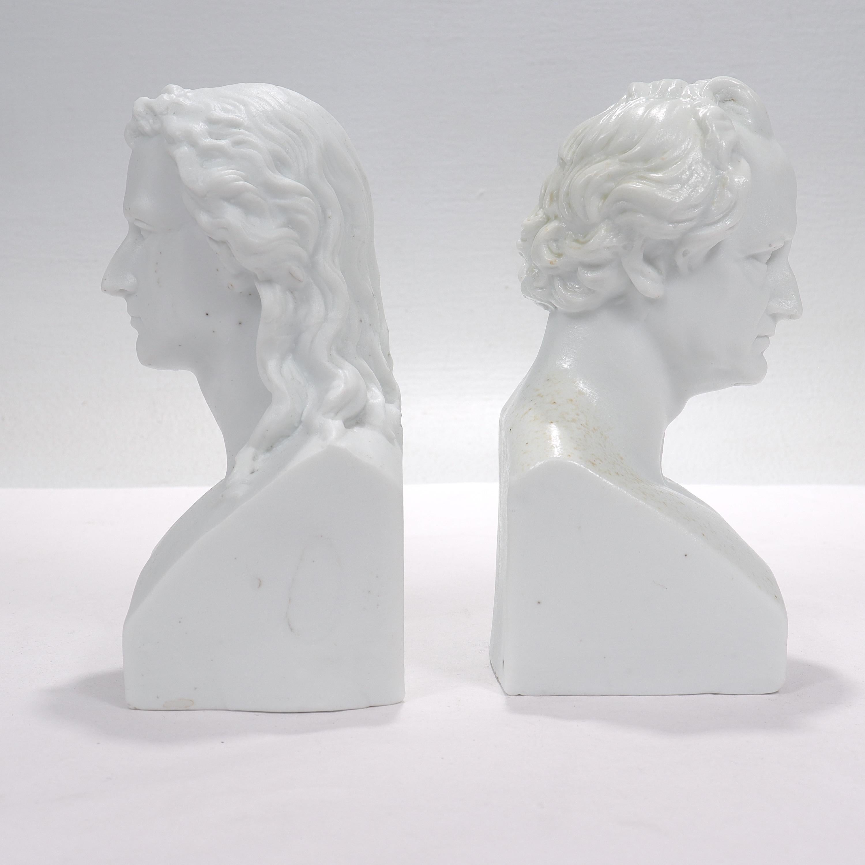 Pareja antigua de bustos victorianos de porcelana paria o biscuit de Schiller y Goethe Porcelana en venta