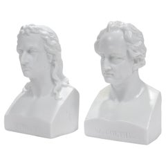 Paire de bustes victoriens anciens en porcelaine de Parian ou biscuit de Schiller & Goethe 