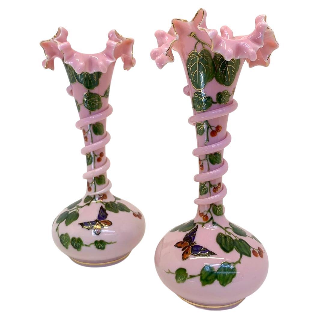 Antique Pair of Victorian Pink Opaline Glass Vases, 19th Century In Good Condition For Sale In Rostock, MV