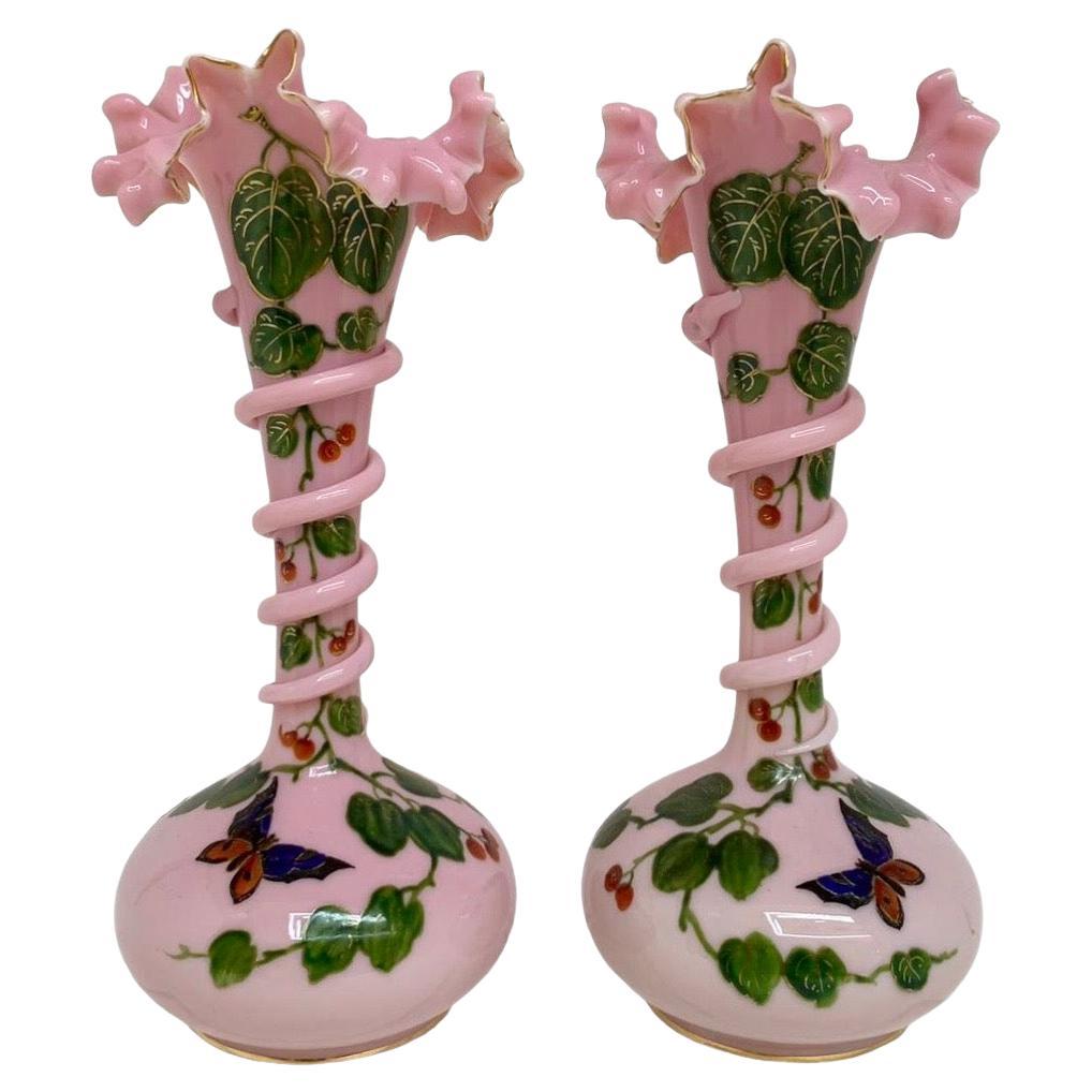 Antique Pair of Victorian Pink Opaline Glass Vases, 19th Century