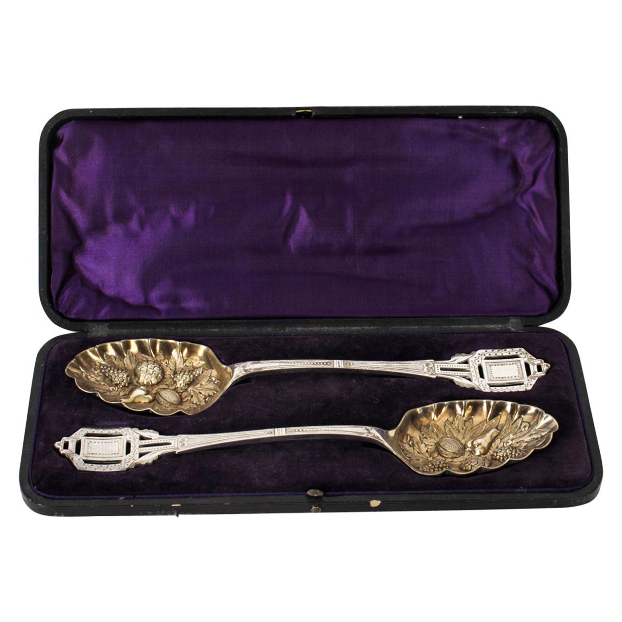 Antique Pair of Victorian Silver Plated & Gilt Berry Serving Spoons 19th Century