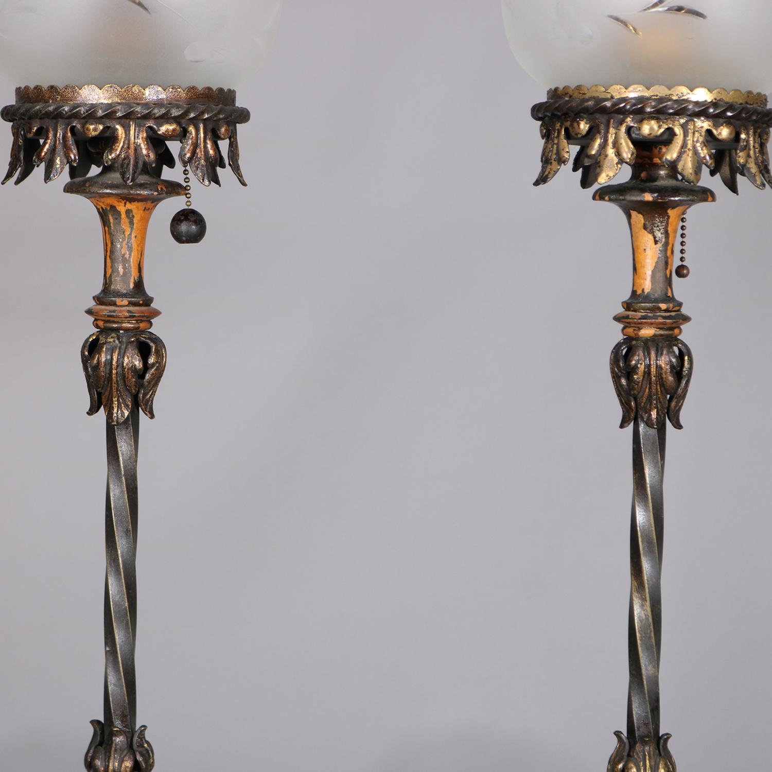 Antique Pair of Victorian Torchiere Figural Painted Iron Floor Lamps, circa 1890 In Good Condition In Big Flats, NY