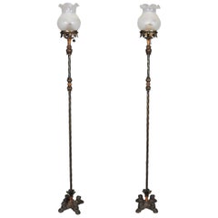Antique Pair of Victorian Torchiere Figural Painted Iron Floor Lamps, circa 1890