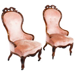 Antique Pair of Victorian Walnut Spoon Backed Armchairs, 19th Century