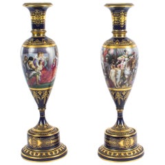 Antique Pair of Vienna Porcelain Pedestal Vases on Stands, 19th Century