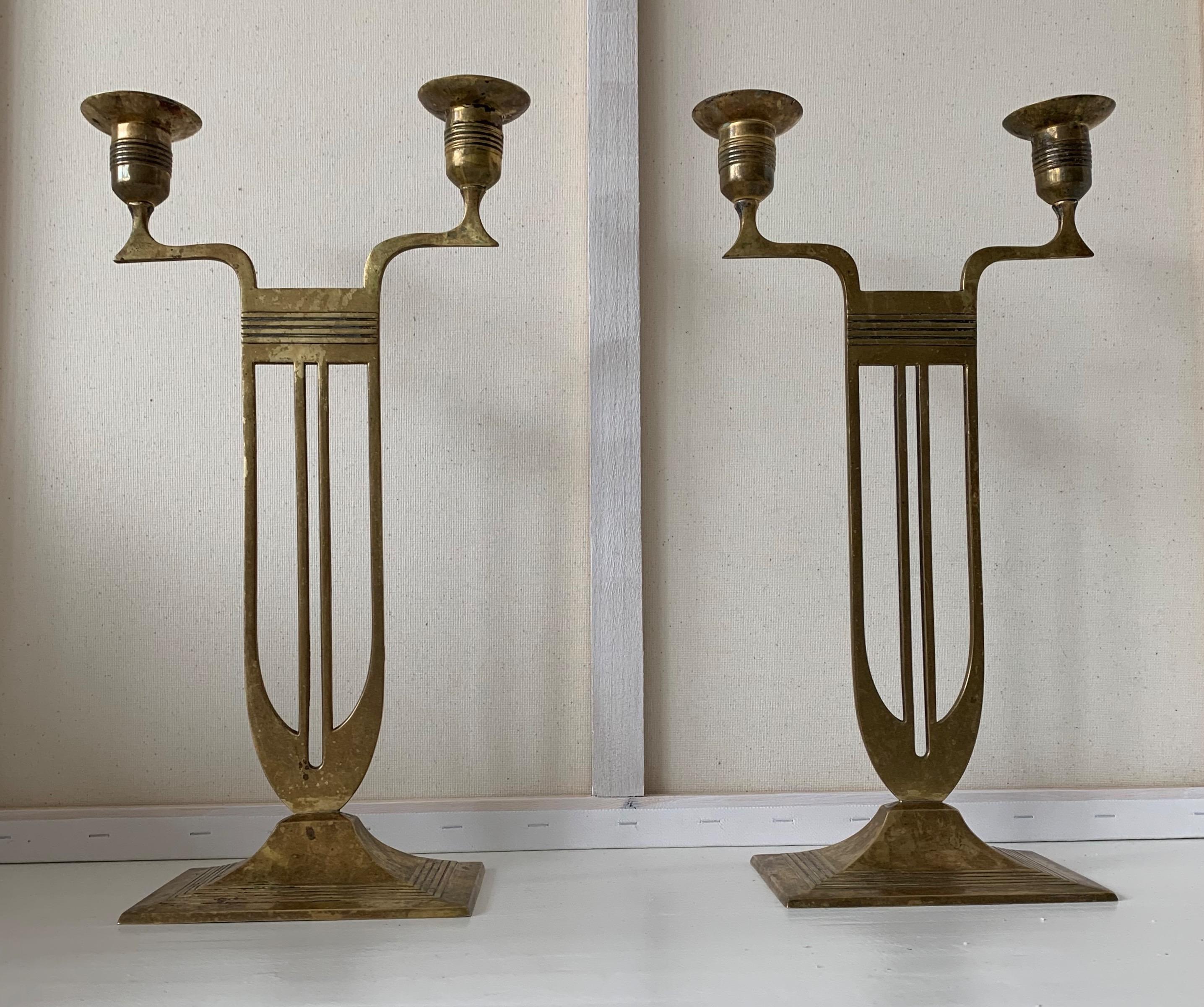 Antique Pair of Viennese Secession Brass Table Candlesticks / Holders by WMF 8