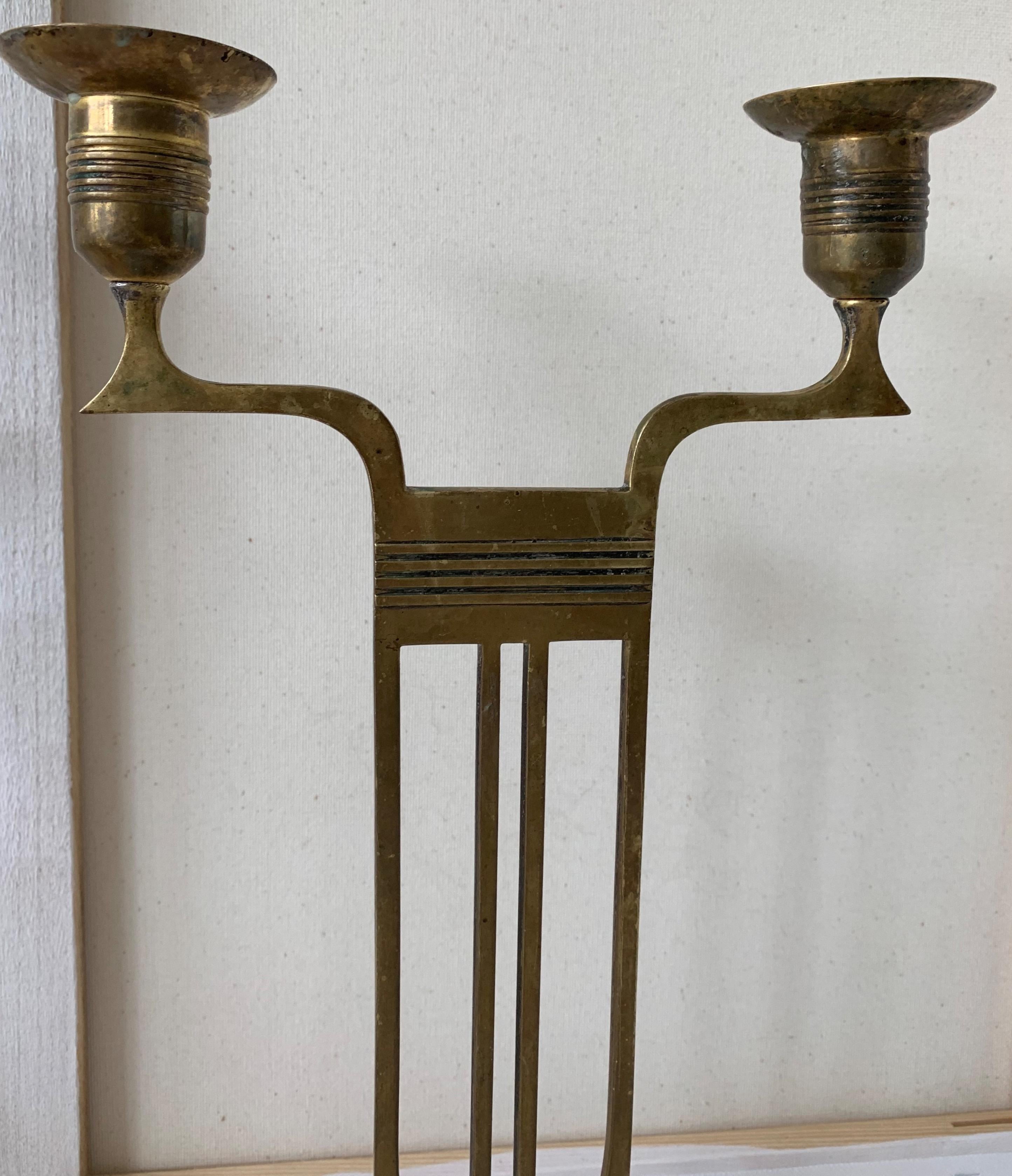 Antique Pair of Viennese Secession Brass Table Candlesticks / Holders by WMF 10