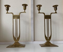 Antique Pair of Viennese Secession Brass Table Candlesticks / Holders by WMF