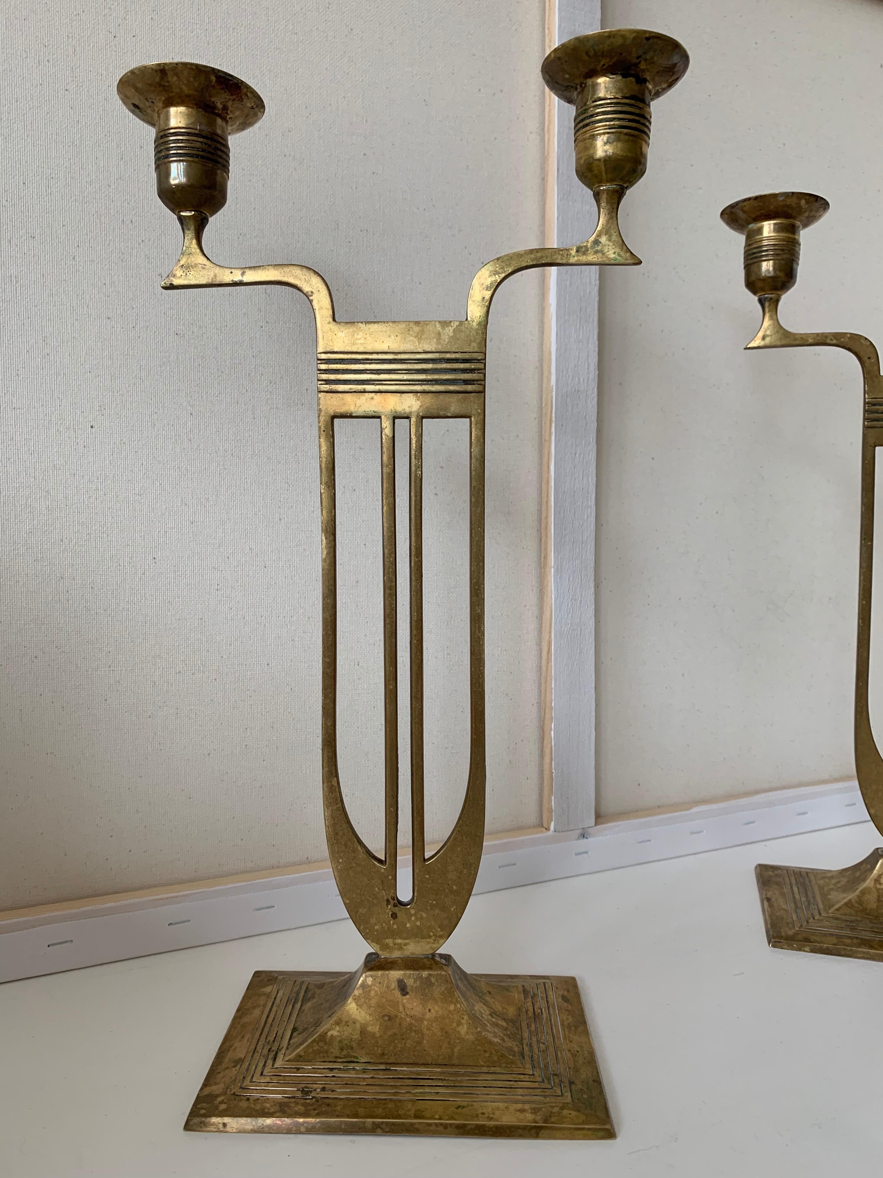 Vienna Secession Antique Pair of Viennese Secession Brass Table Candlesticks / Holders by WMF