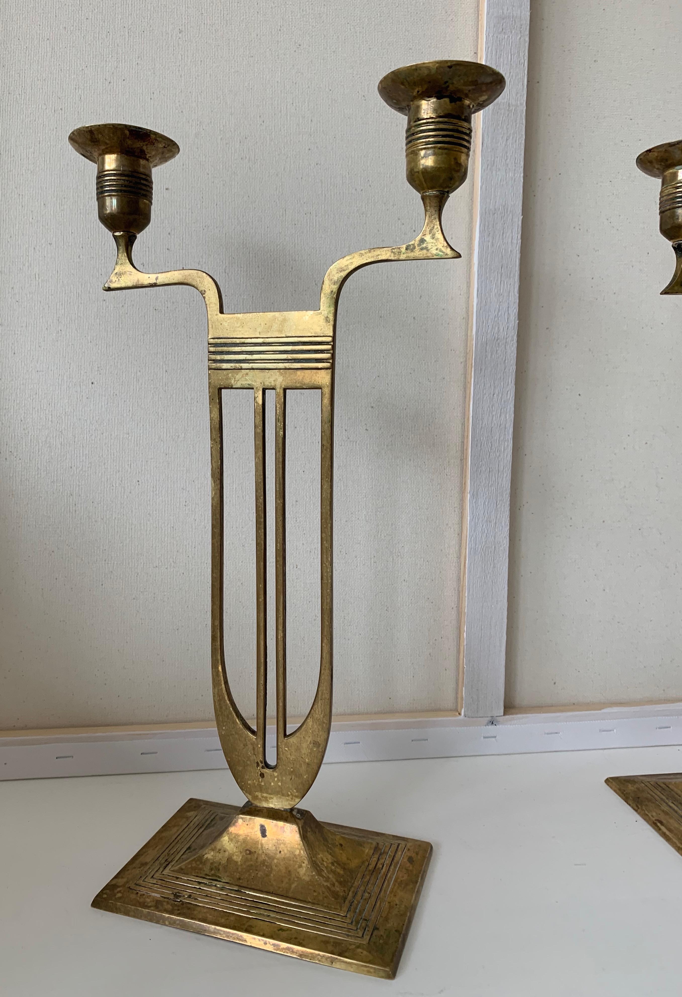 German Antique Pair of Viennese Secession Brass Table Candlesticks / Holders by WMF