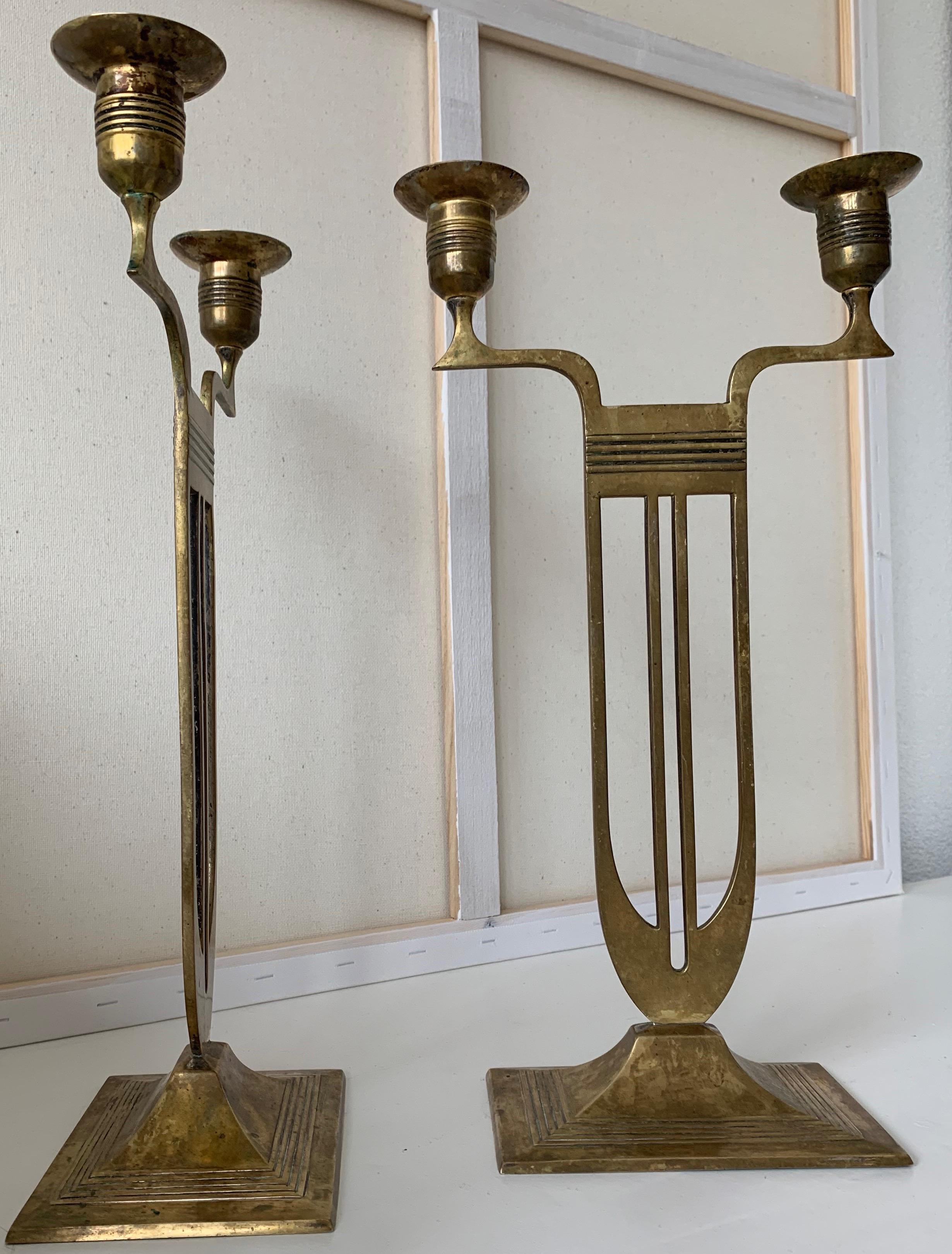 Hand-Crafted Antique Pair of Viennese Secession Brass Table Candlesticks / Holders by WMF