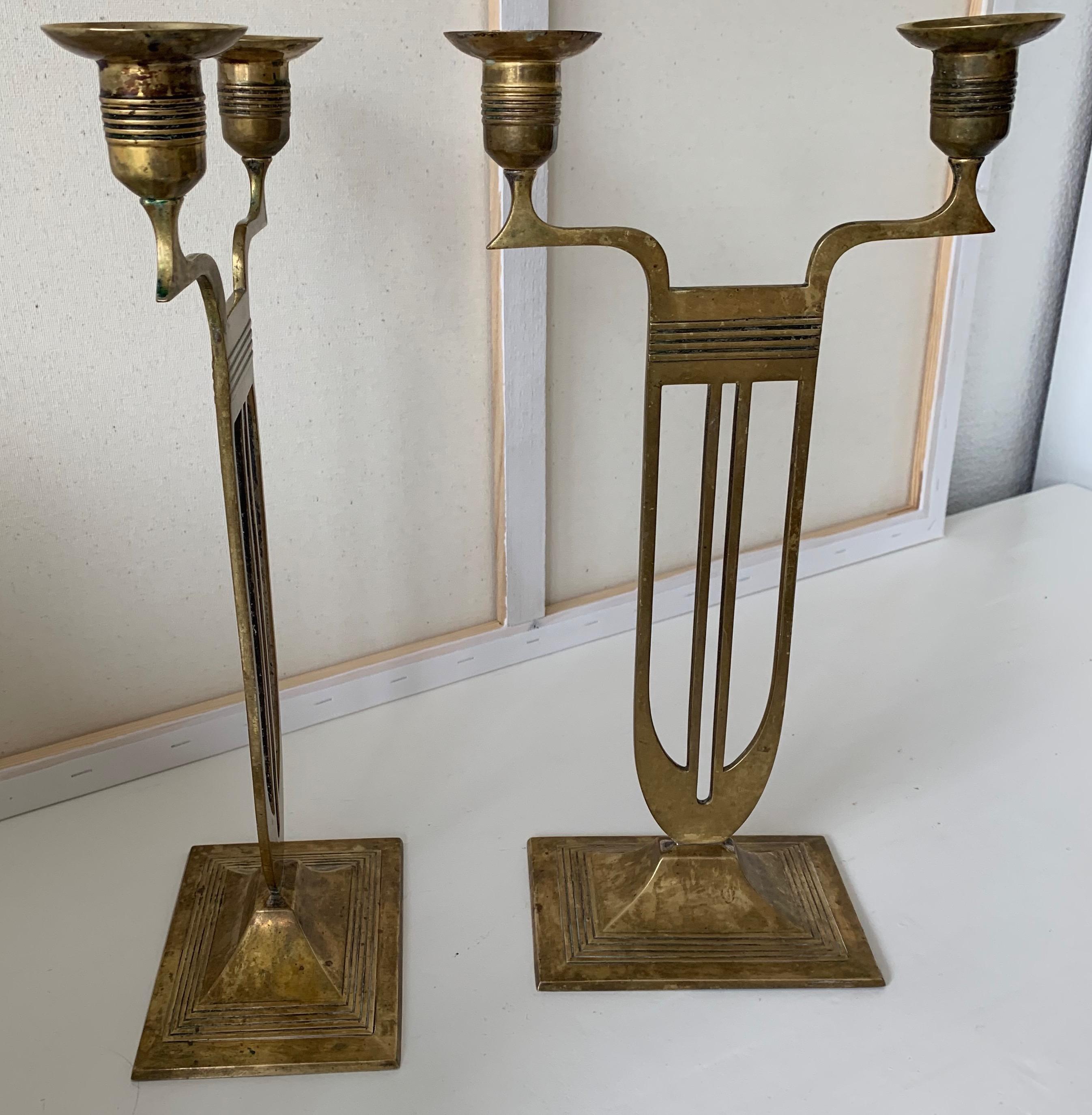 Antique Pair of Viennese Secession Brass Table Candlesticks / Holders by WMF In Good Condition In Lisse, NL