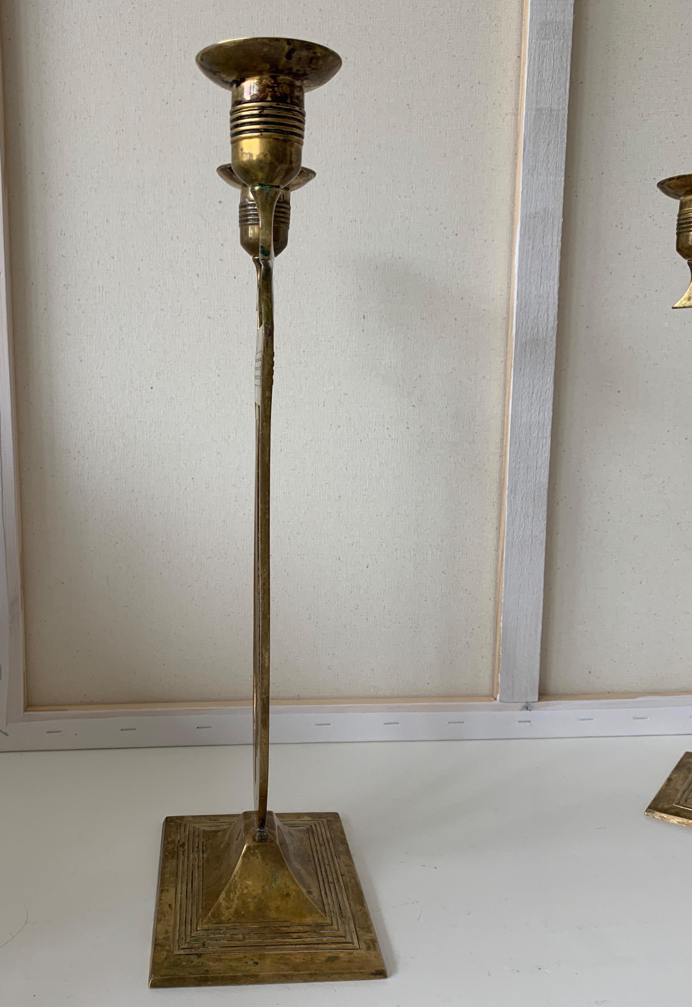 20th Century Antique Pair of Viennese Secession Brass Table Candlesticks / Holders by WMF