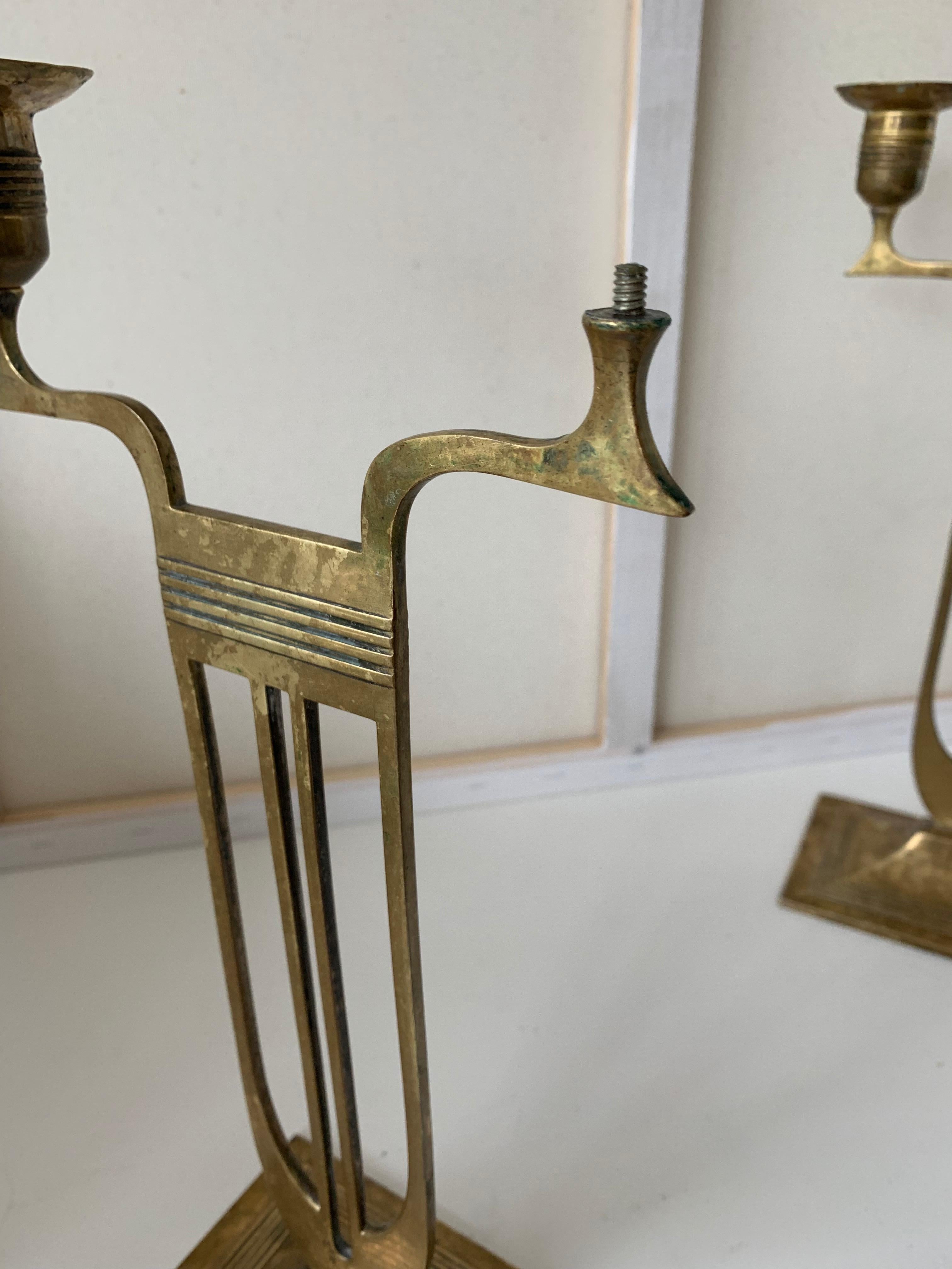 Antique Pair of Viennese Secession Brass Table Candlesticks / Holders by WMF 2