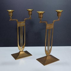 Antique Pair of Viennese Secession Brass Table Candlesticks / Holders by WMF