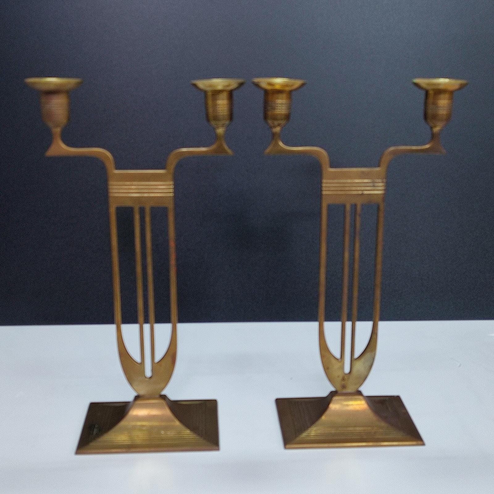 Vienna Secession Antique Pair of Viennese Secession Brass Table Candlesticks / Holders by WMF