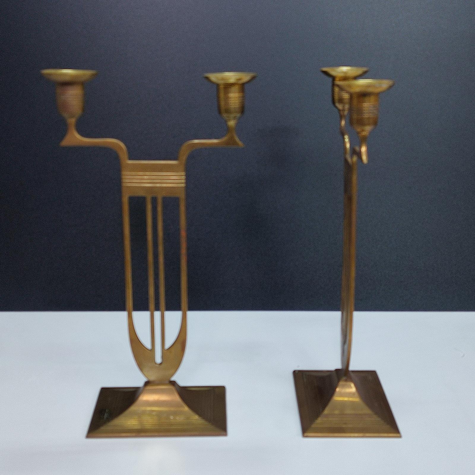 German Antique Pair of Viennese Secession Brass Table Candlesticks / Holders by WMF