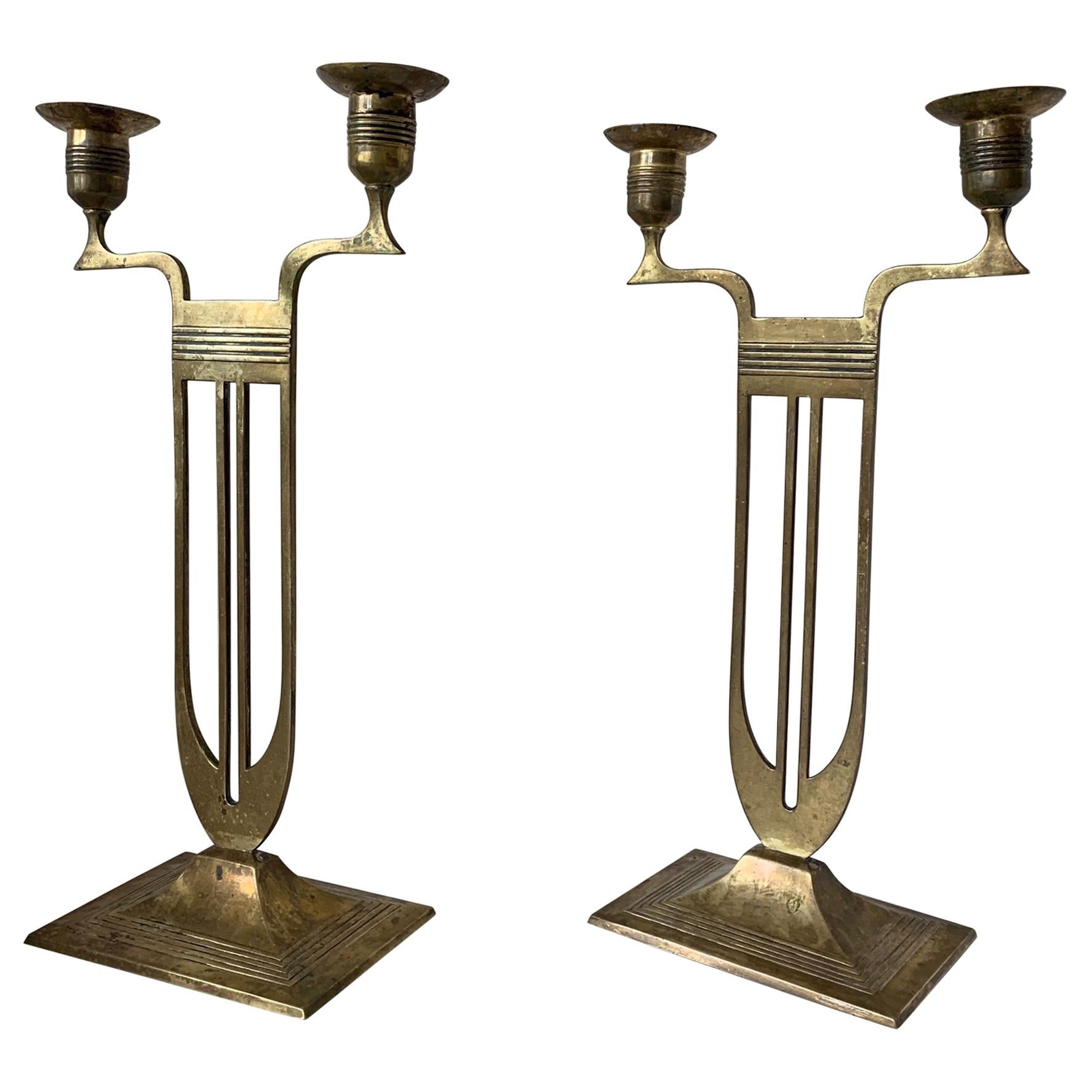 Antique Pair of Viennese Secession Brass Table Candlesticks / Holders by WMF