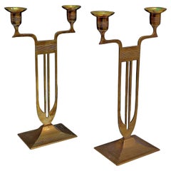 Antique Pair of Viennese Secession Brass Table Candlesticks / Holders by WMF