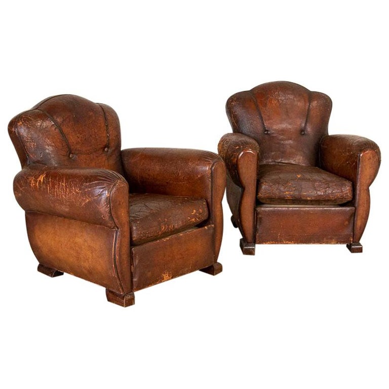 Antique Pair Of Vintage Leather Club Chairs From France For Sale At 1stdibs