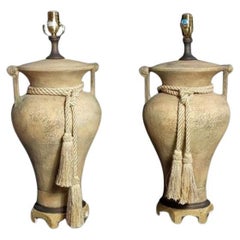 Antigua Pareja de Lámparas de Sobremesa de Porcelana Chinoiserie Beige Jengibre Vintage